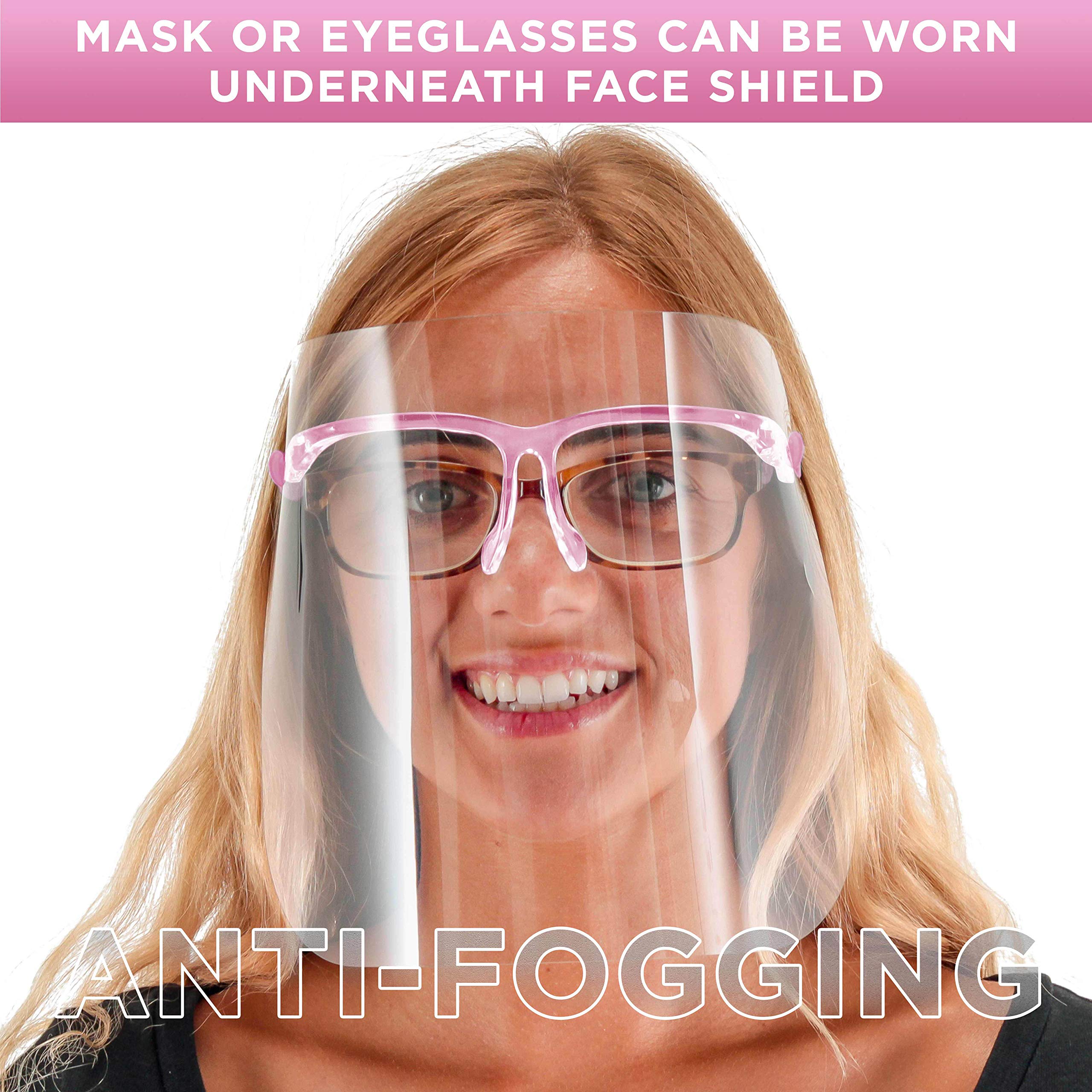 TCP Global Salon World Safety Face Shields with Pink Glasses Frames (500-Pack) - Clear Full Face Protection for Eyes, Nose & Mouth - Anti-Fog PET Plastic Shields - Ideal for Salons, Healthcare & Industrial Use