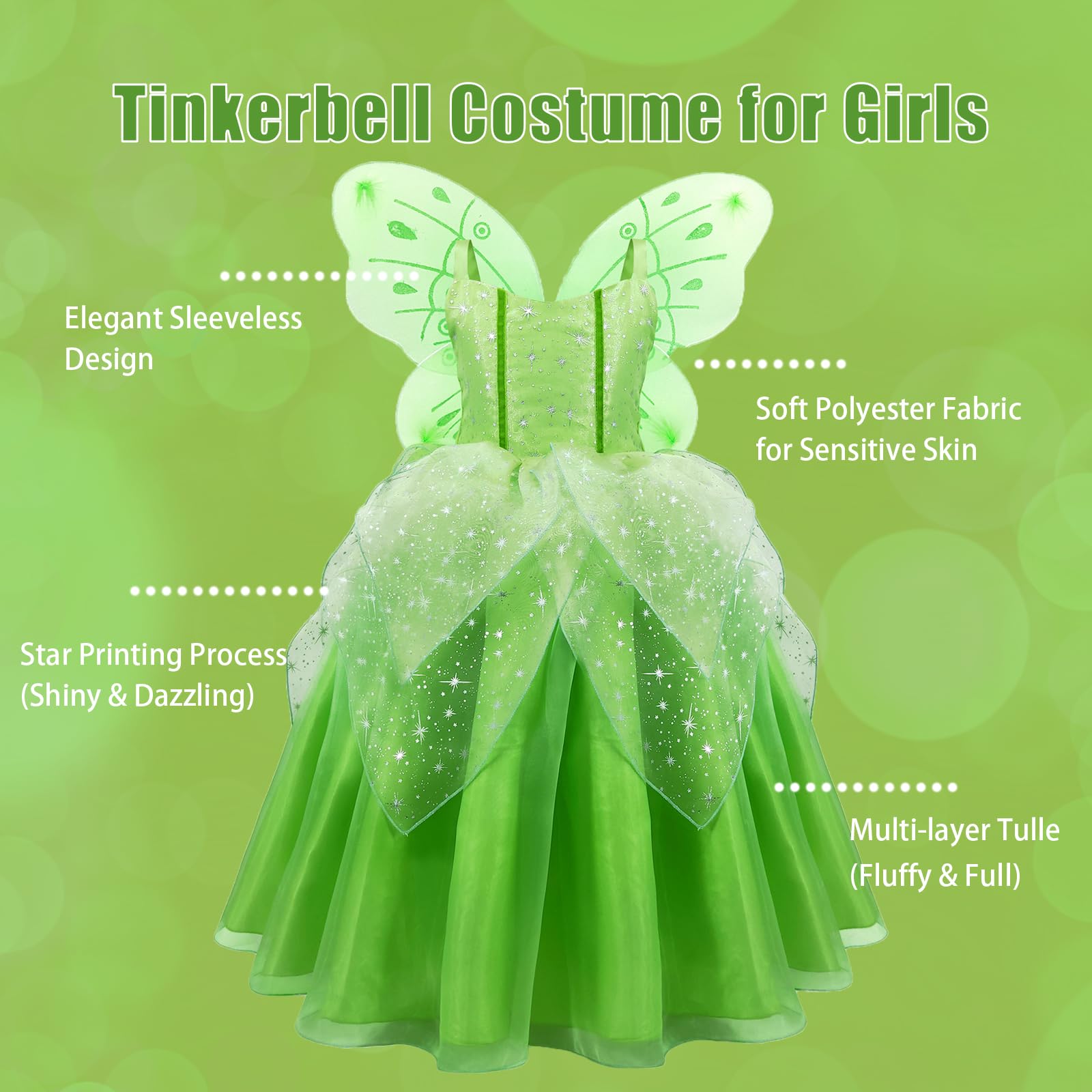 Tinker Bell Halloween Costume for Girls - Fairy Dress with Wings for Birthday Party, Cosplay & Special Occasions | Disney Princess Inspired Outfit for Kids Dress Up & Fantasy Play