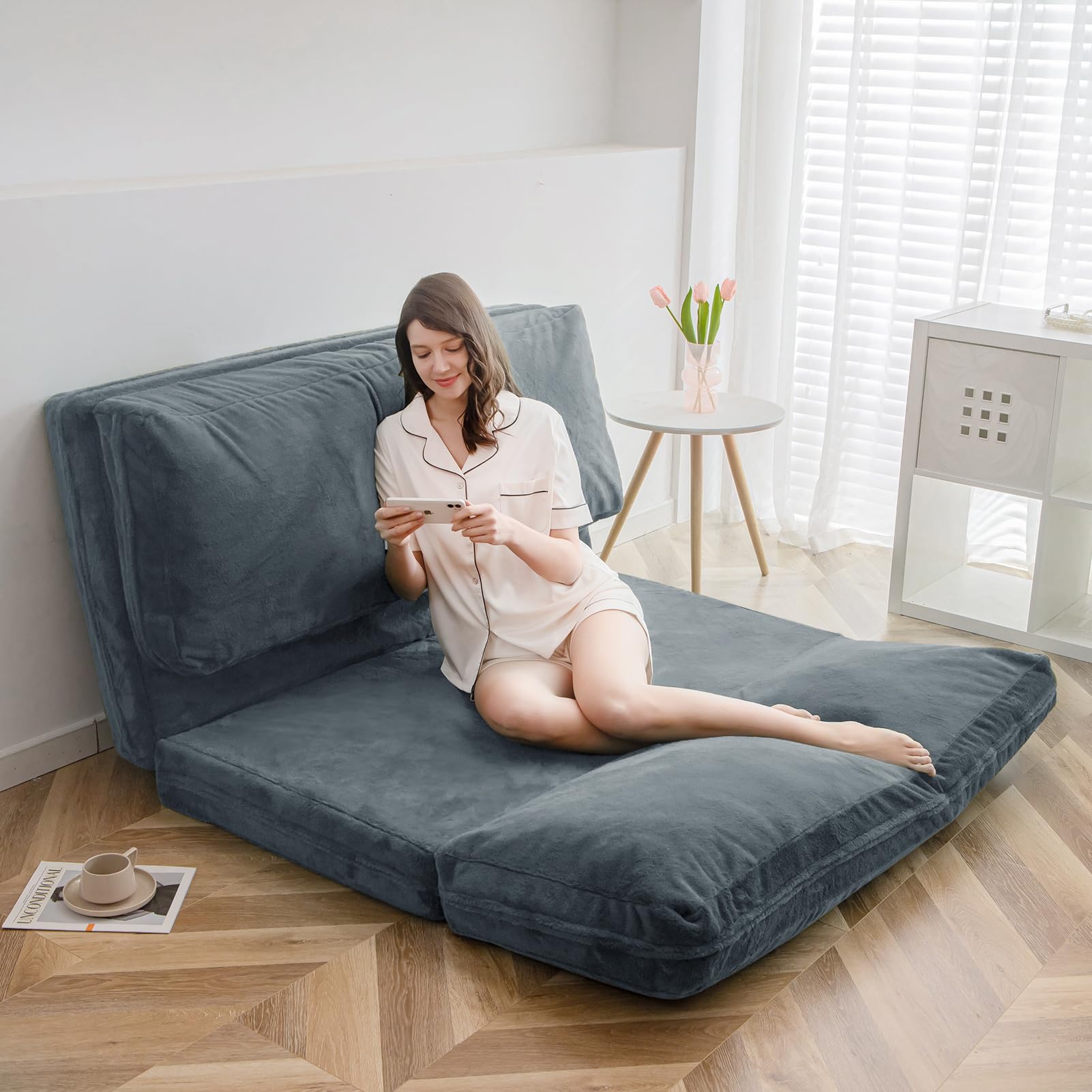 MAXYOYO Extra Thick Folding Bean Bag Sofa Bed - 54x95 Inch Large Floor Mattress for Adults with Washable Faux Fur Cover, Dusty Blue - Perfect for Bedroom, Living Room, Dorm & Guest Room - Versatile as Floor Couch, Lounger or Temporary Guest Bed