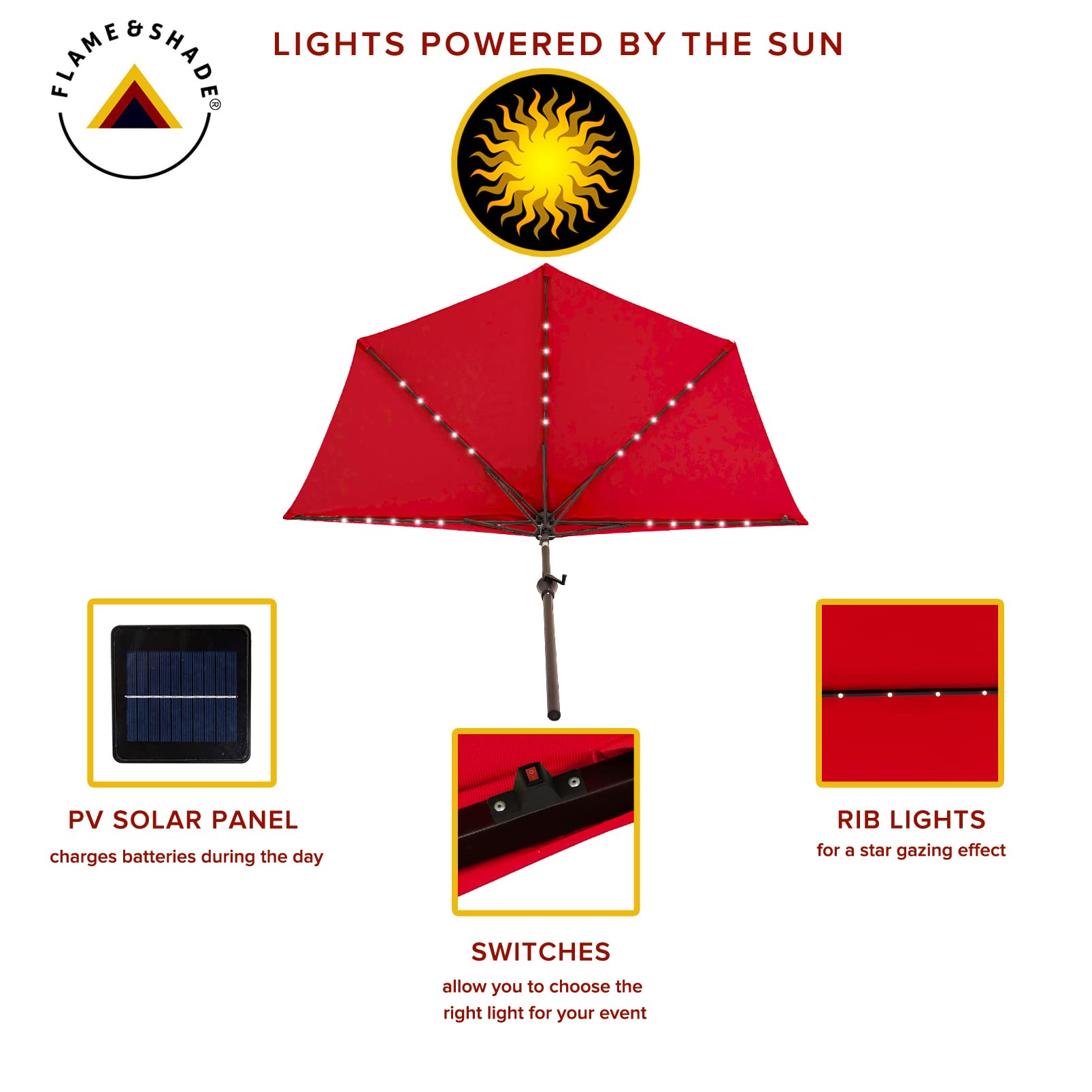 FLAME&SHADE 9 ft Solar Powered Half Round Patio Umbrella with LED Lights & Tilt - Waterproof Outdoor Market Umbrella for Garden, Balcony, Wall - Perfect for Backyard, Poolside & Restaurant Dining (Red)