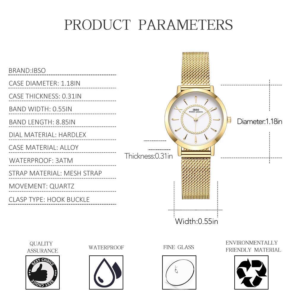 IBSO Women's Stainless Steel Mesh Band Watch - Gold Quartz Wristwatch with Waterproof Design for Everyday Wear & Fashion Accessories | Perfect for Office, Dating & Special Occasions