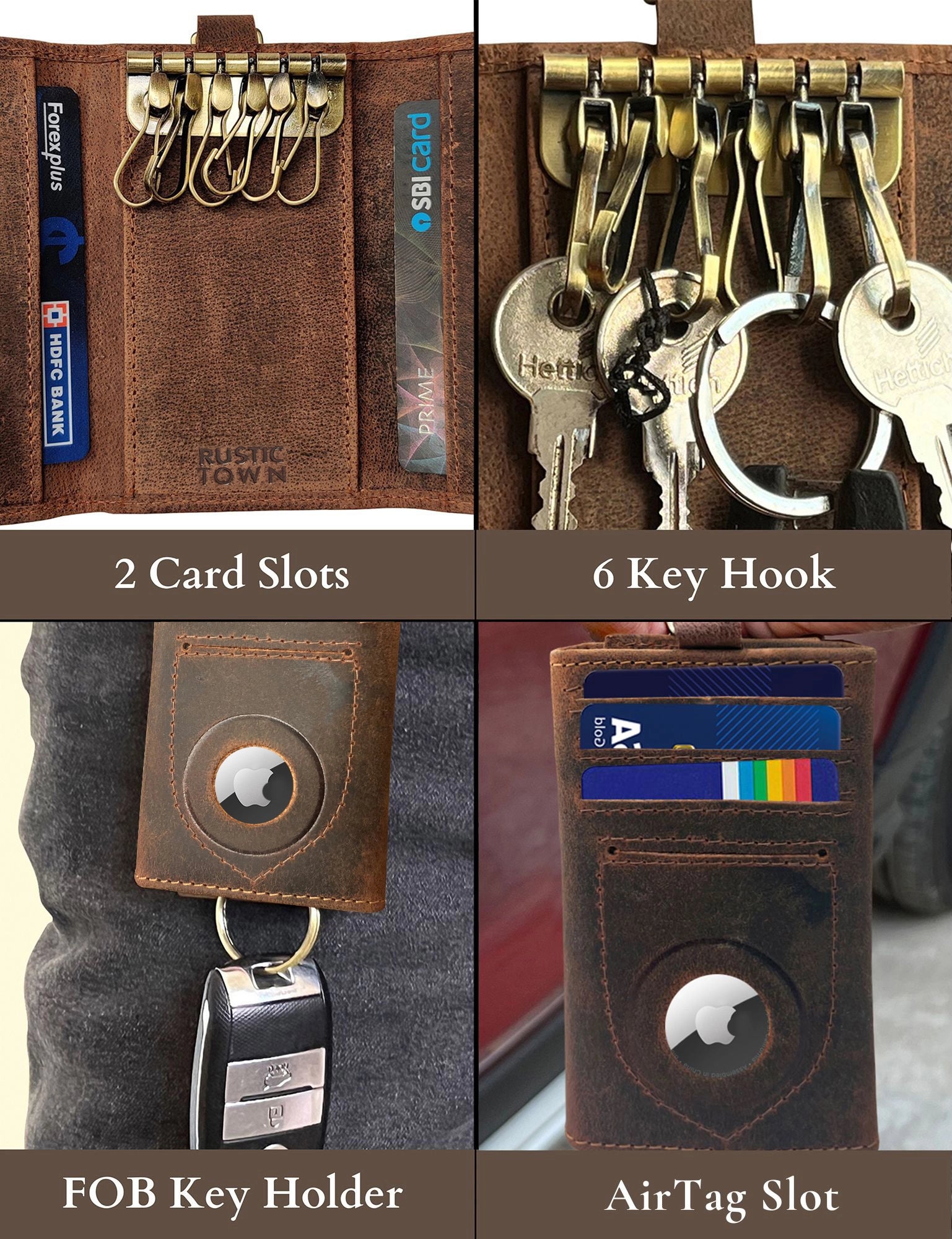 Slim Leather Key Holder with AirTag Slot - RFID Blocking Keychain Wallet for Men & Women - Perfect for Travel, Office & Everyday Use