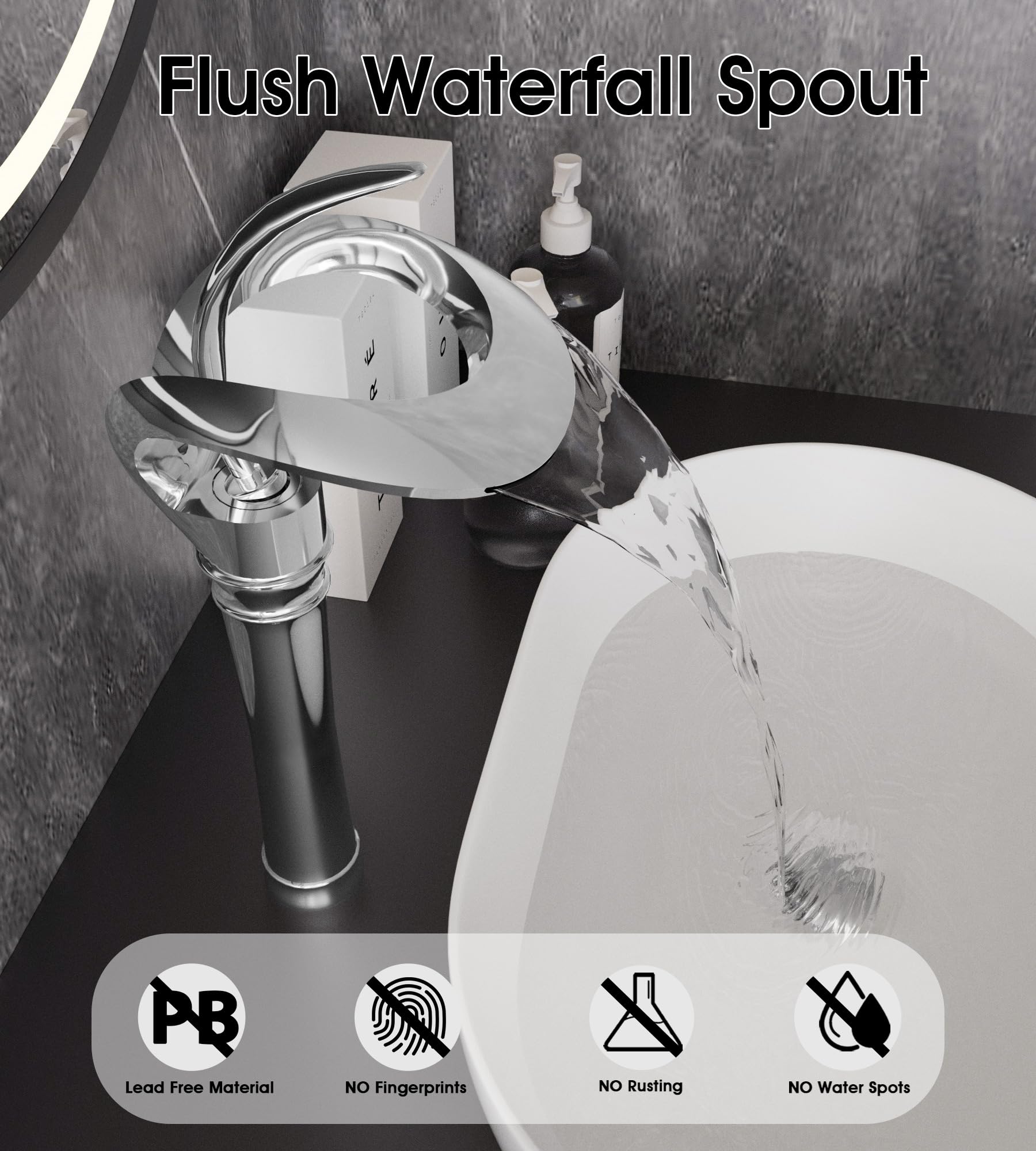 AUU Elegant Single Hole Waterfall Bathroom Sink Faucet - Solid Brass Tall Vessel Faucet with Pop Up Drain & Supply Line - Chrome Finish for Modern Bathroom & Powder Room Decor