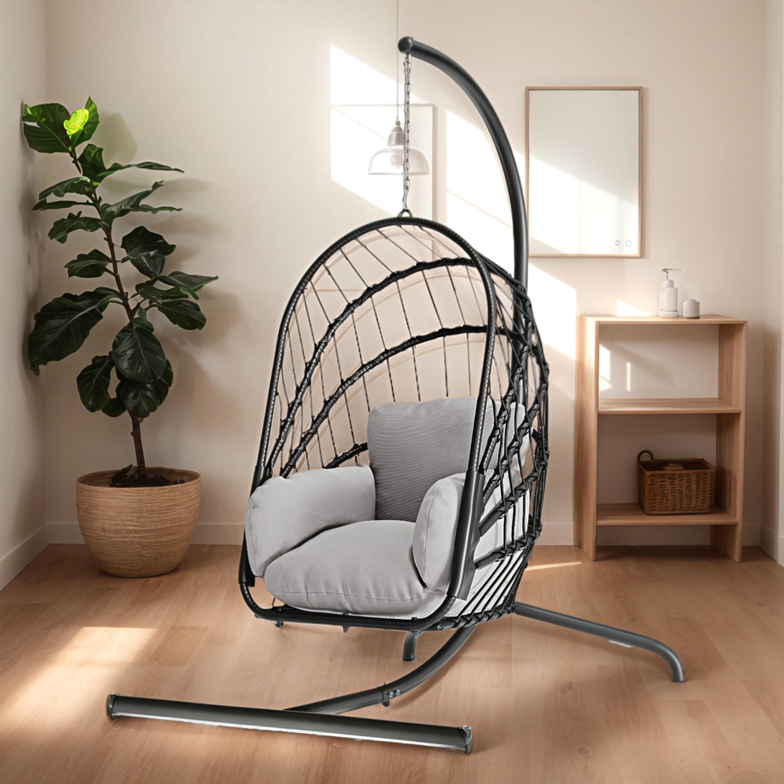 DWVO Foldable Wicker Egg Swing Chair 450lbs Capacity - Hanging Hammock with Cushions & Stand, Indoor/Outdoor Patio Swing Chair for Bedroom, Garden, Balcony (Grey) - Perfect for Relaxing, Reading & Lounging in Your Backyard or Sunroom