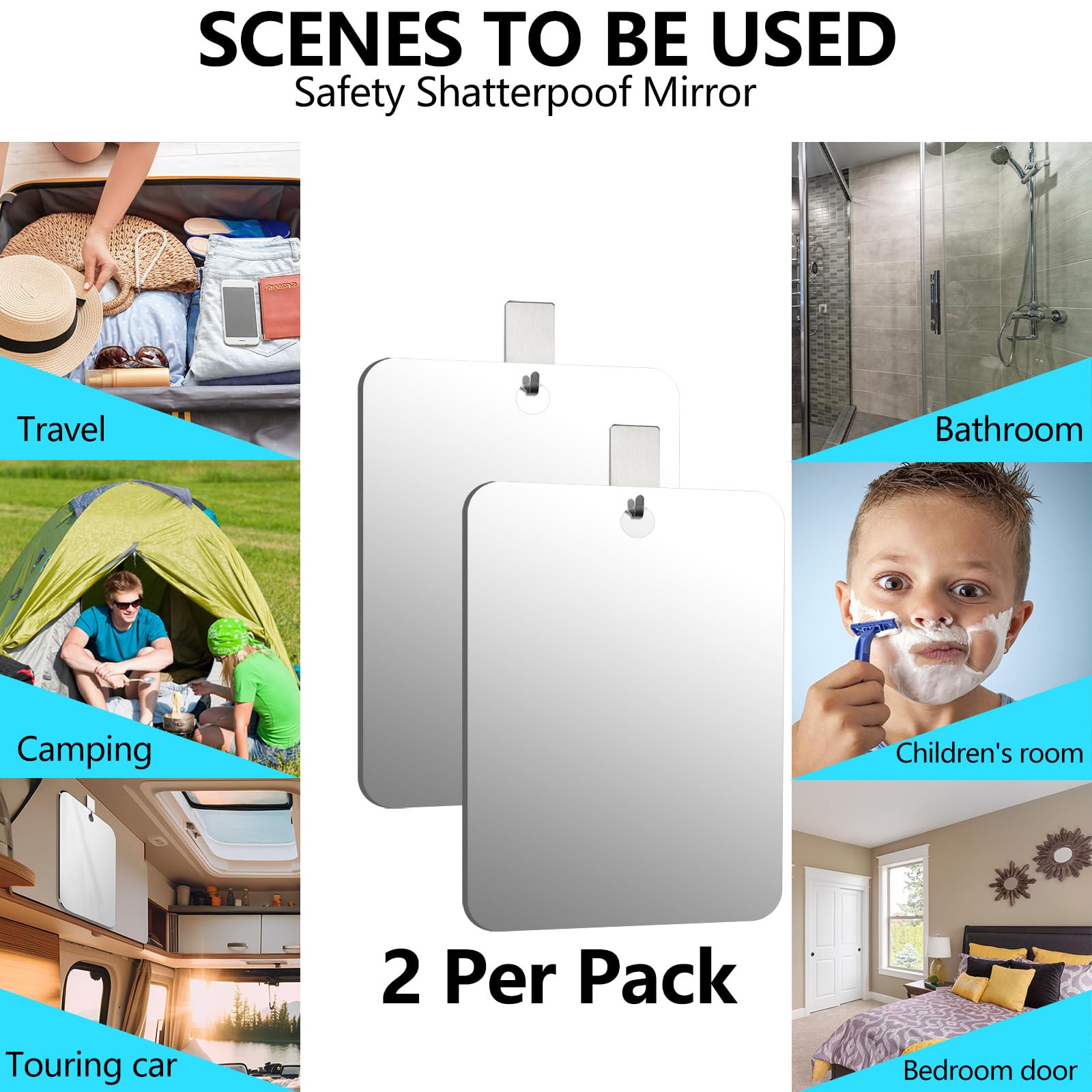 2 Pack Unbreakable Shower Mirror for Travel & Bathroom - 8x10.6 Inch Shatterproof Wall Mounted Mirror for Shaving & Makeup - Perfect for Camping, Outdoor Showers & Daily Grooming