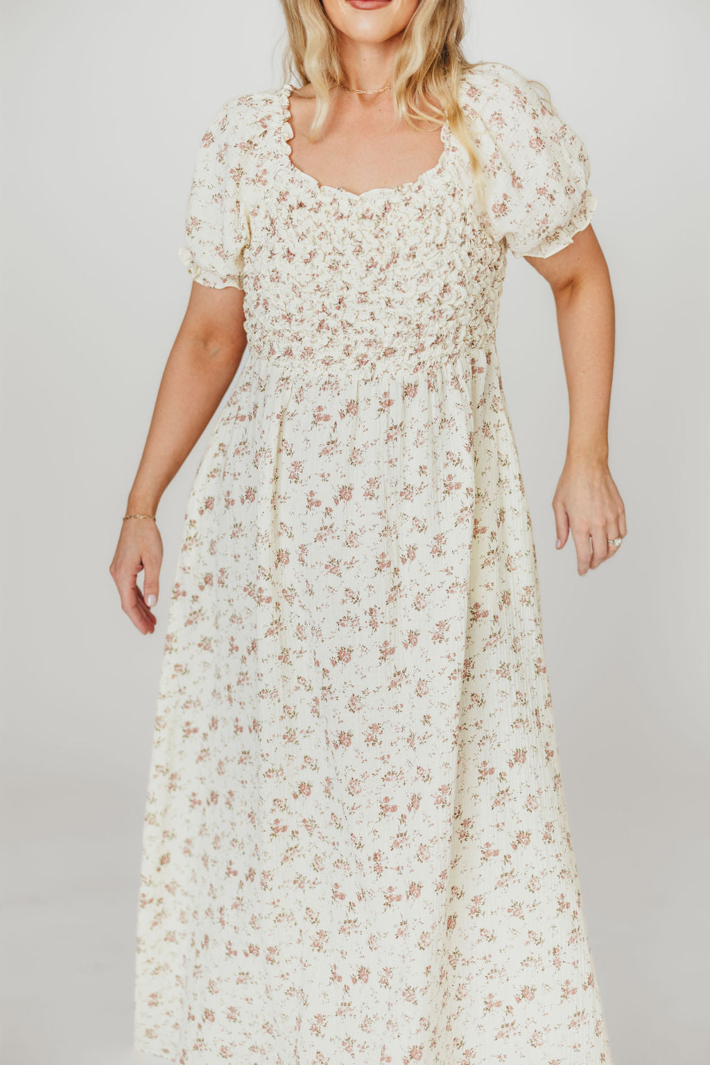 Emilia 100% Cotton Smocked Maxi Dress - Ivory/Mauve Floral Print, Bump Friendly Maternity Dress for Women | Perfect for Beach Vacations, Summer Weddings & Casual Outings