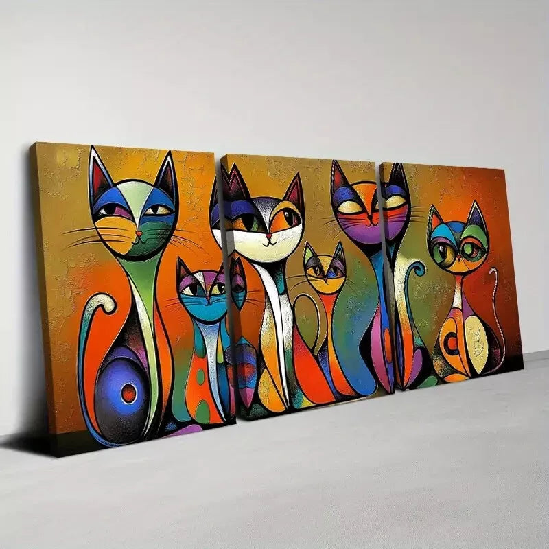 3-Piece Vibrant Abstract Colorful Cats Art Set - Framed Canvas Wall Decor 50x70cm | High Quality Print | 100% Australian Made | Ready to Hang | Perfect for Living Room, Bedroom & Office Decor