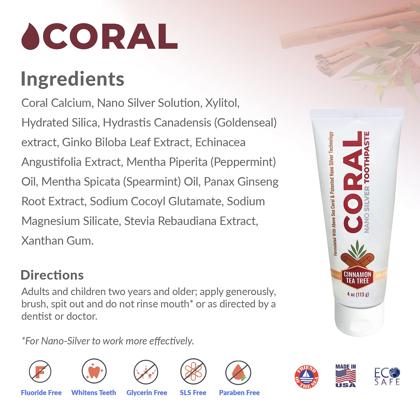 **Natural Coral Nano Silver Cinnamon Tea Tree Toothpaste – Fluoride-Free, SLS-Free Teeth Whitening with Coral Calcium (4 oz) – Freshens Breath & Promotes Oral Health for Daily Use**