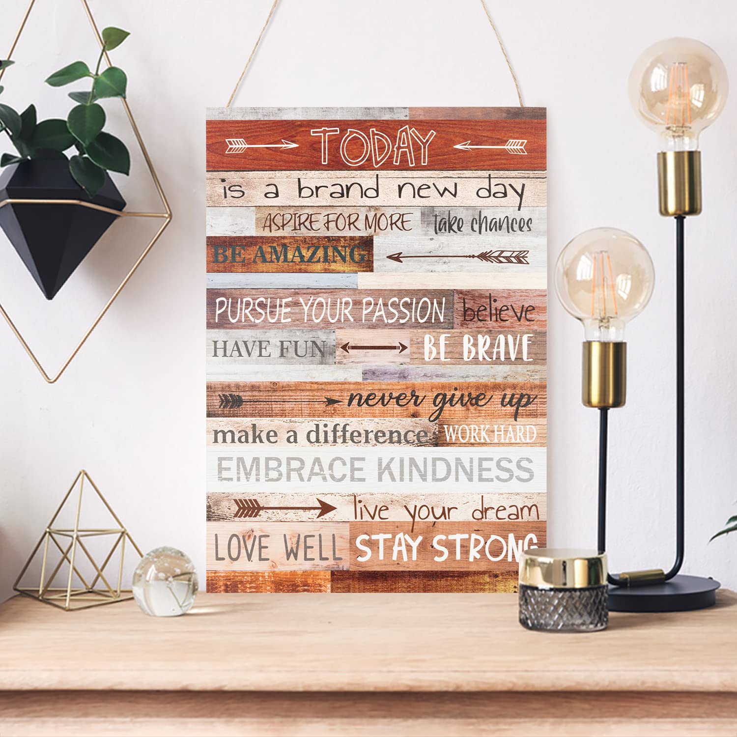 GROBRO7 Inspirational Wooden Wall Art Sign - Never Give Up Motivational Quote Hanging Decor with Lanyard (13.8”×9.6”) - Perfect for Bedroom, Office & Home Decor - Uplifting Gift Idea for Friends & Coworkers