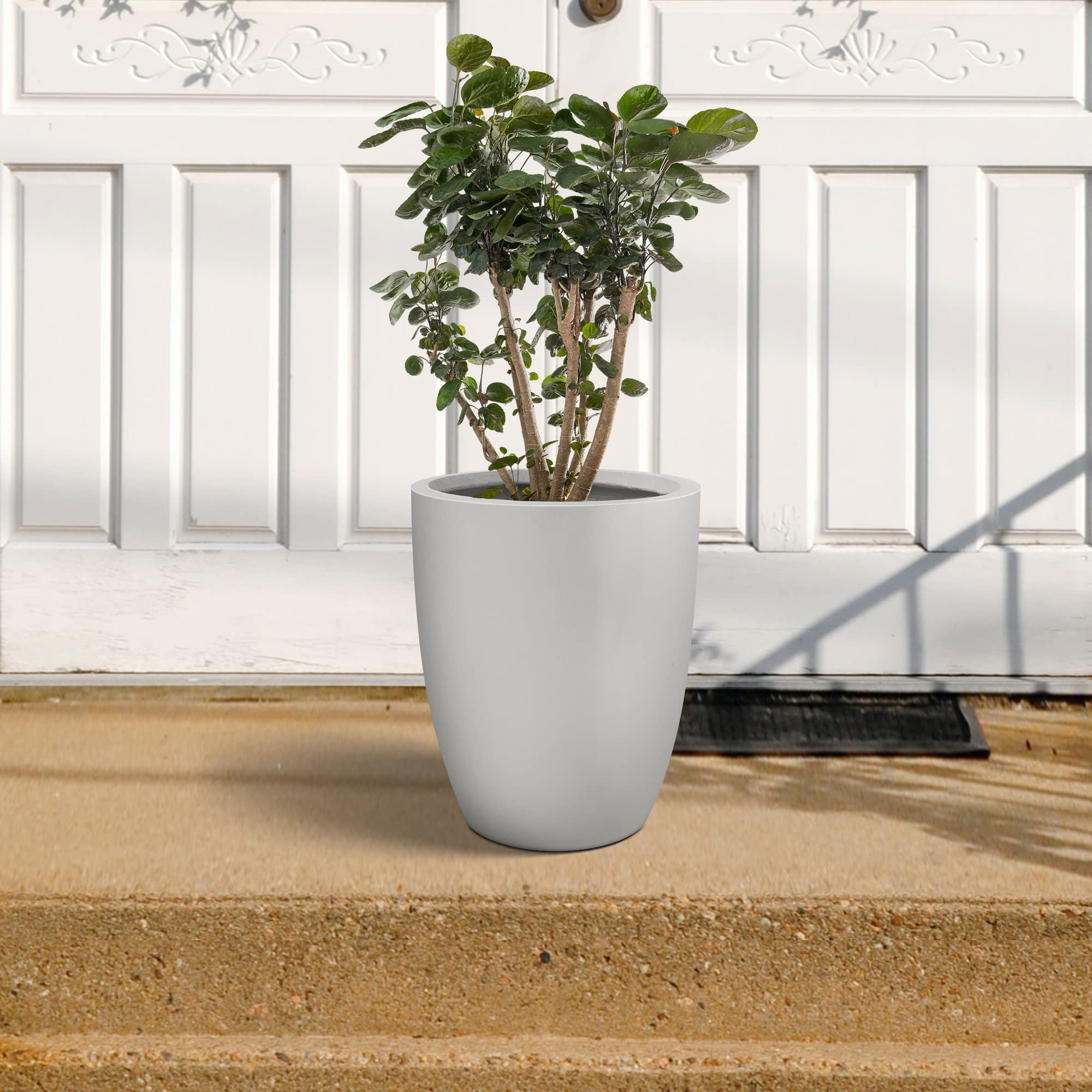 18.1 Inch Tall Modern Round Concrete Planter - Indoor Outdoor Decorative Flower Pot with Drainage Hole & Rubber Plug - Pure White Home Garden Decor for Patio, Balcony & Living Room