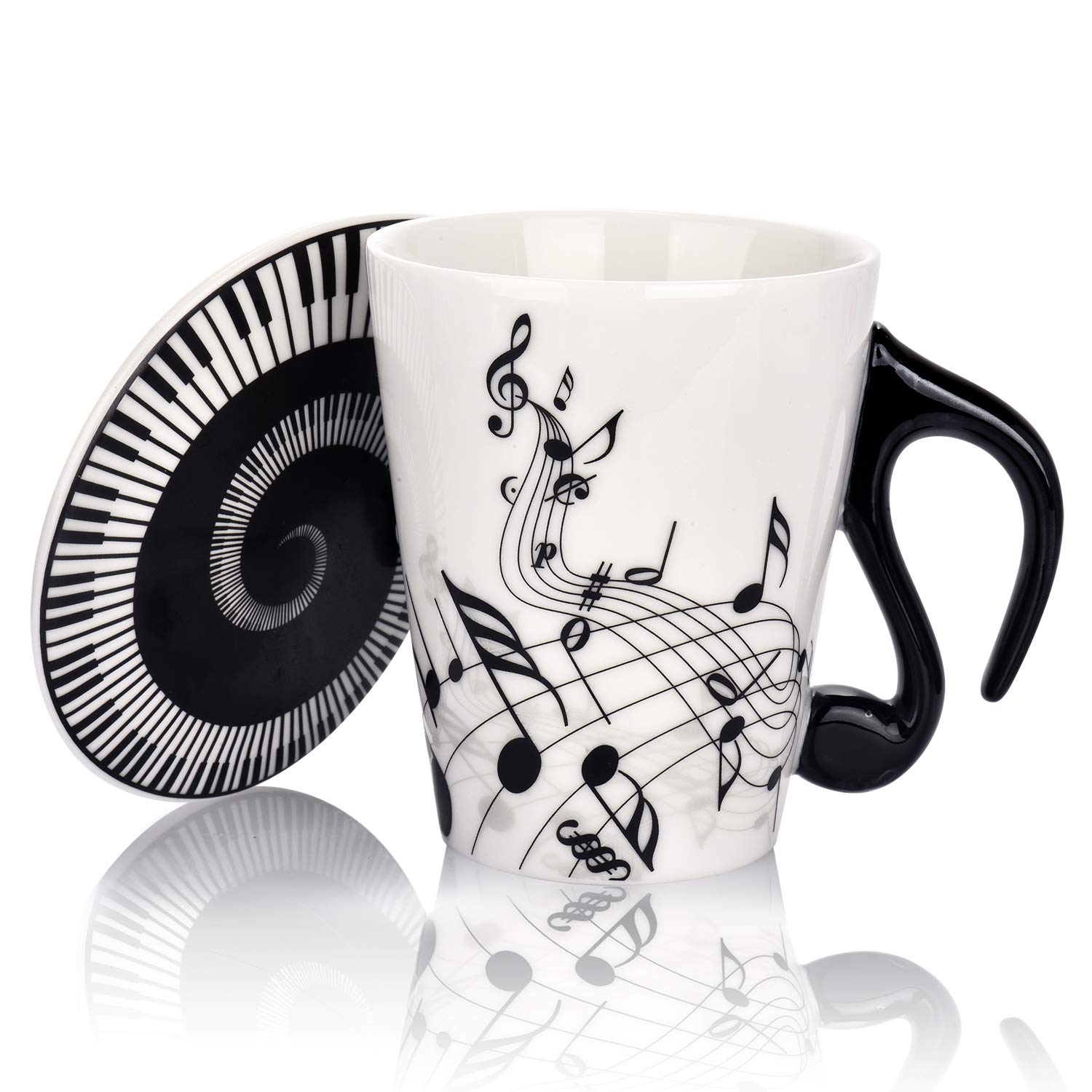 12.9 oz Musical Notes Ceramic Coffee Mug with Unique Handle & Themed Lid - Perfect Gift for Music Lovers (Women/Men/Friends) - Ideal for Tea, Coffee, Milk at Home, Office or Concert Events