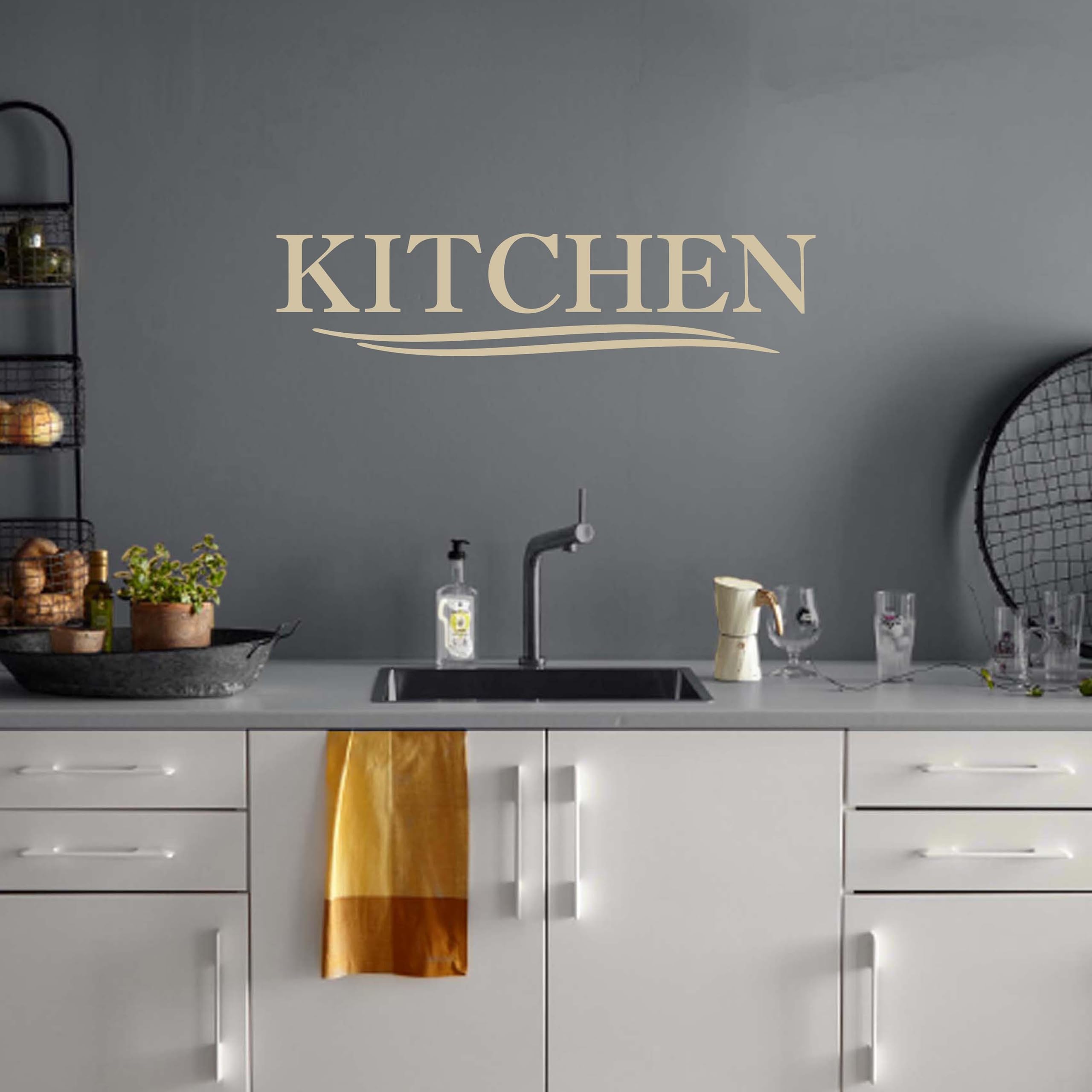 Kitchen Wall Decal Stickers - Peel and Stick Vinyl Wall Art Decor for Home, Cafe, Restaurant - Modern Floral Tan Design - Perfect for Kitchen, Dining Room, Office Decor