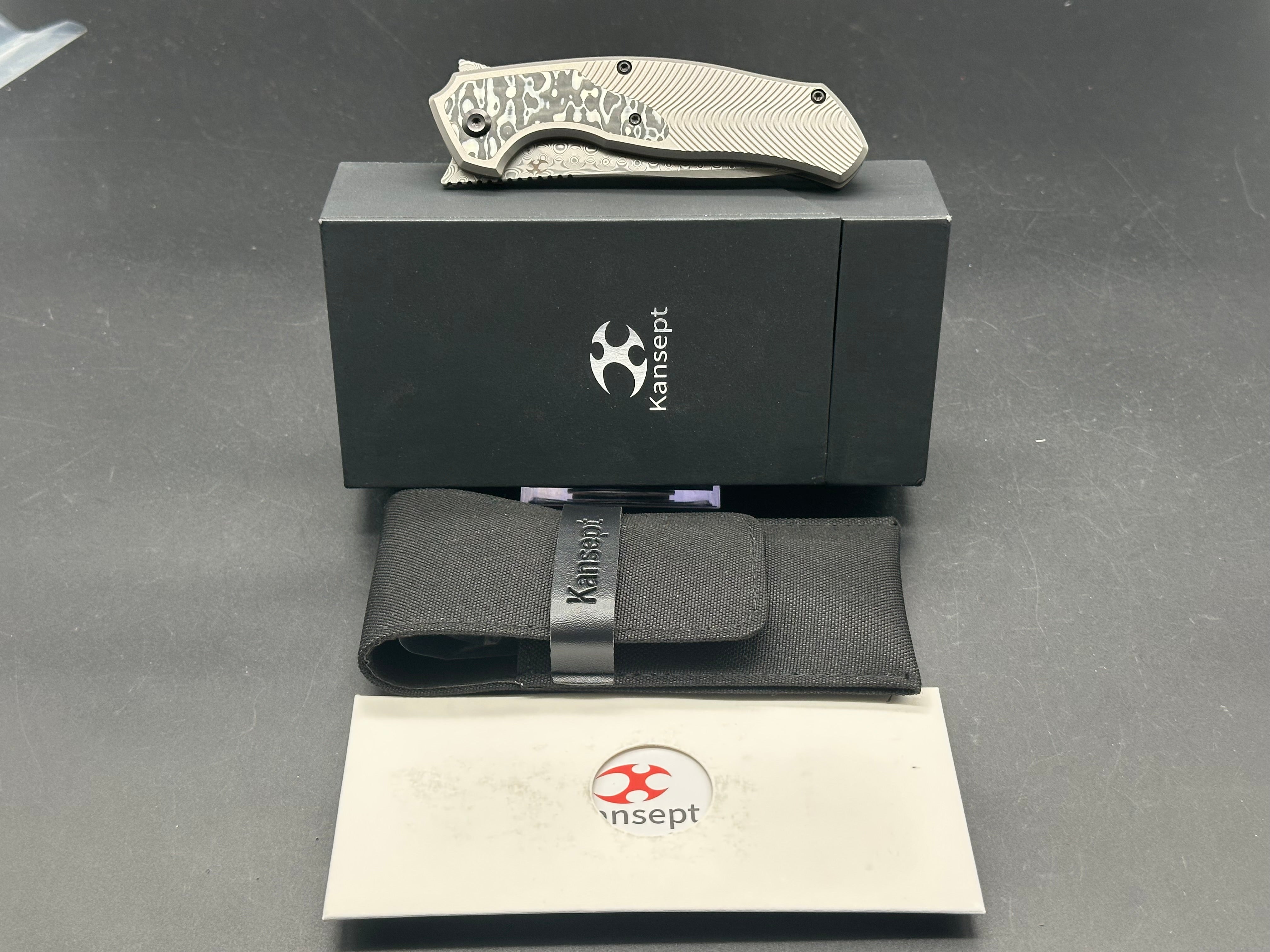 Kansept HAVORN Frame Lock Folding Knife - Black & White Carbon Fiber/Titanium Handle, 3.4