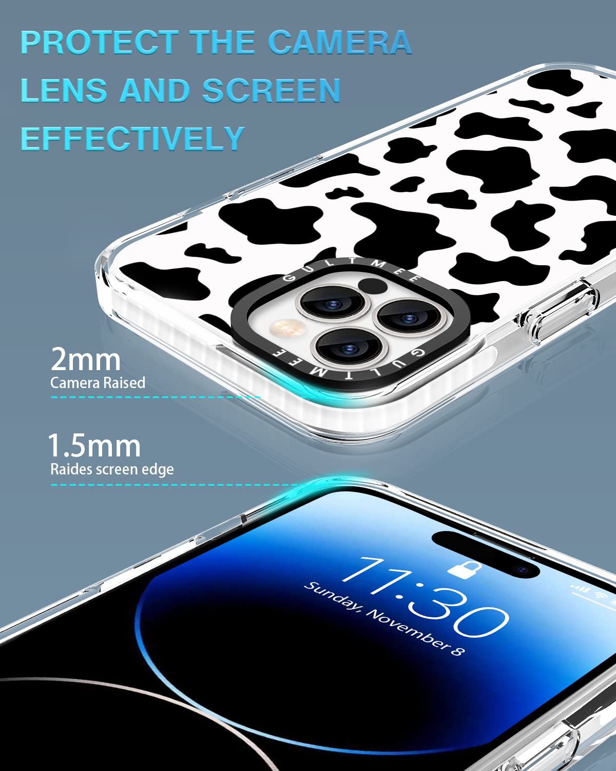 3 in 1 Cute Cow Print Shockproof iPhone 14 Pro Case with Built-in Bumper, Tempered Glass Screen Protector & Camera Lens Cover - 6.1