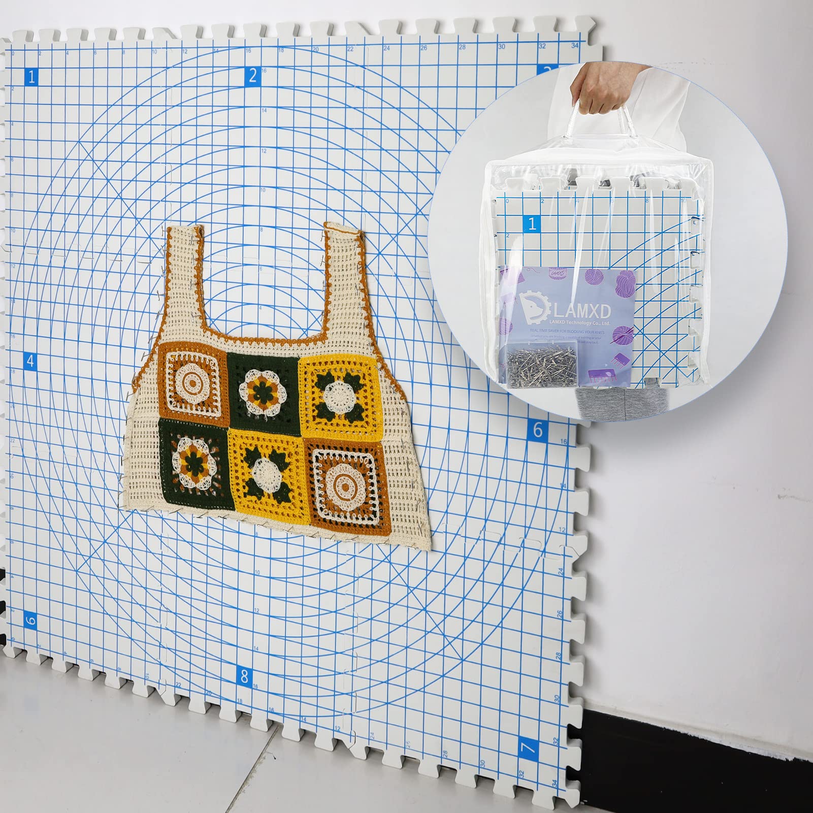 LAMXD Extra Thick Knitting Blocking Mats with Grids - 9 Pack Premium Blocking Boards for Crochet, Needlework & Yarn Projects with 200 T-Pins - Perfect for Blocking Shawls, Sweaters & Handmade Garments