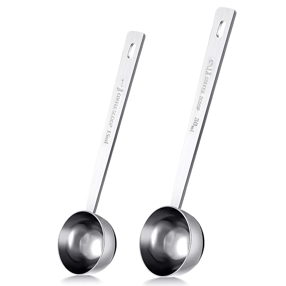 Premium Stainless Steel Coffee Scoop Set - 1 Tbsp & 2 Tbsp Measuring Spoons for Ground Coffee, Tea, Sugar, Flour & Liquids | Durable Long Handle Design for Easy Scooping & Precise Measurements | Perfect for Home Baristas, Coffee Shops & Baking Enthusiasts