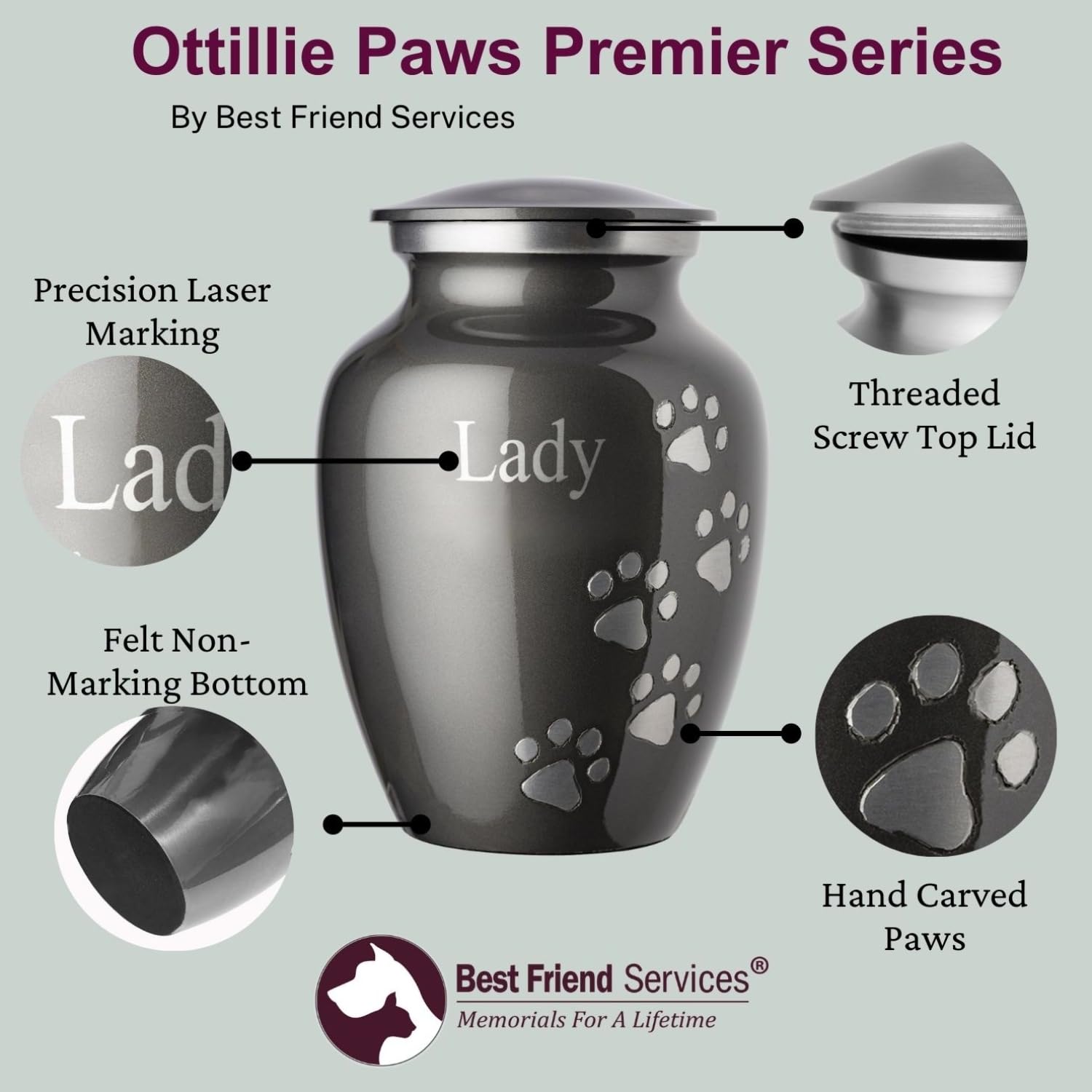 Ottillie Paws Premier Series Large Ebony Pet Memorial Urn with Vertical Brass Paws - Personalized Laser Engraving for Dogs and Cats - Perfect for Home or Garden Memorial Displays