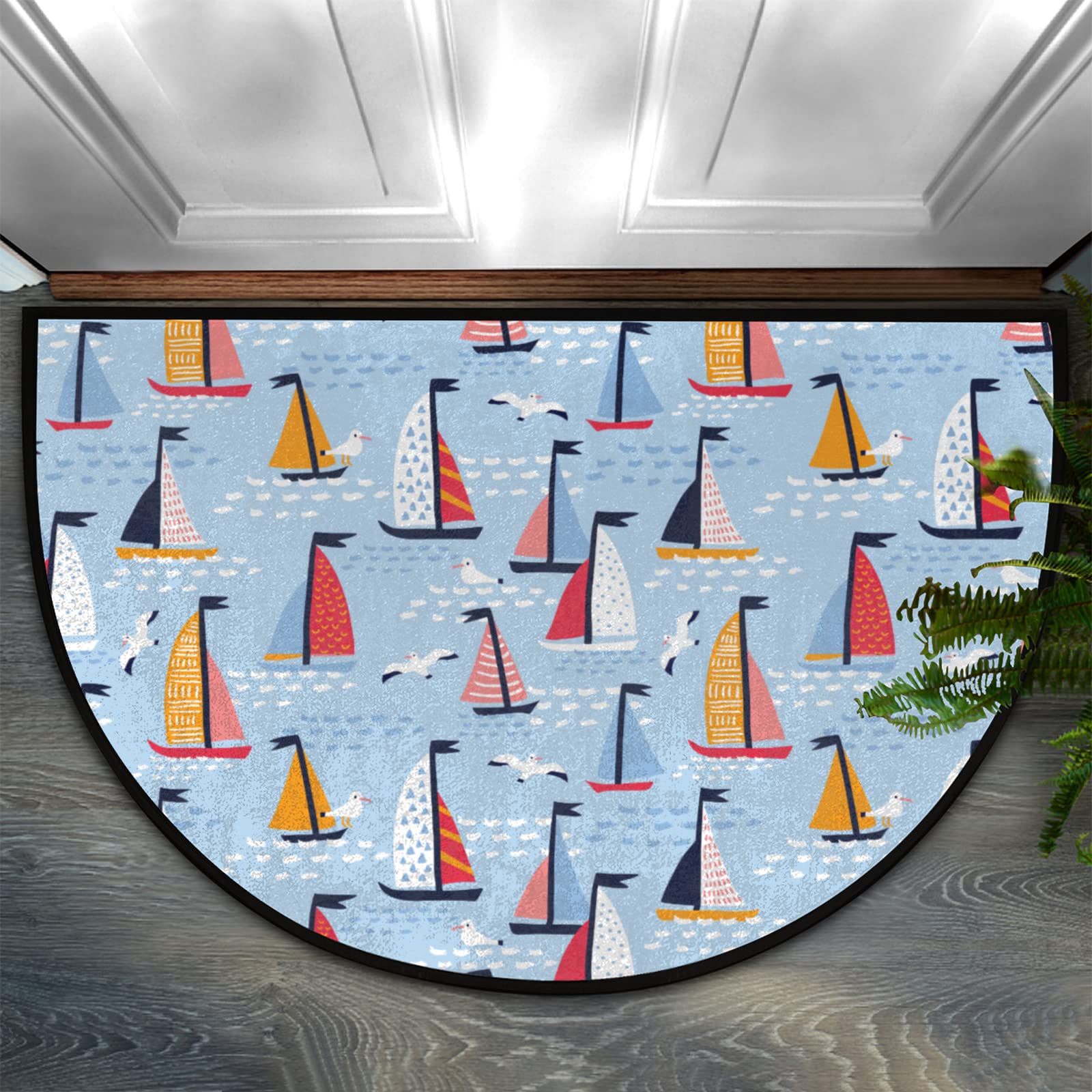 Hand-Painted Sailboats & Seagulls Non-Slip Half Round Doormat - Heavy Duty Rubber Backing for Indoor/Outdoor Use - Perfect for Entryway, Front Door & Patio Decor