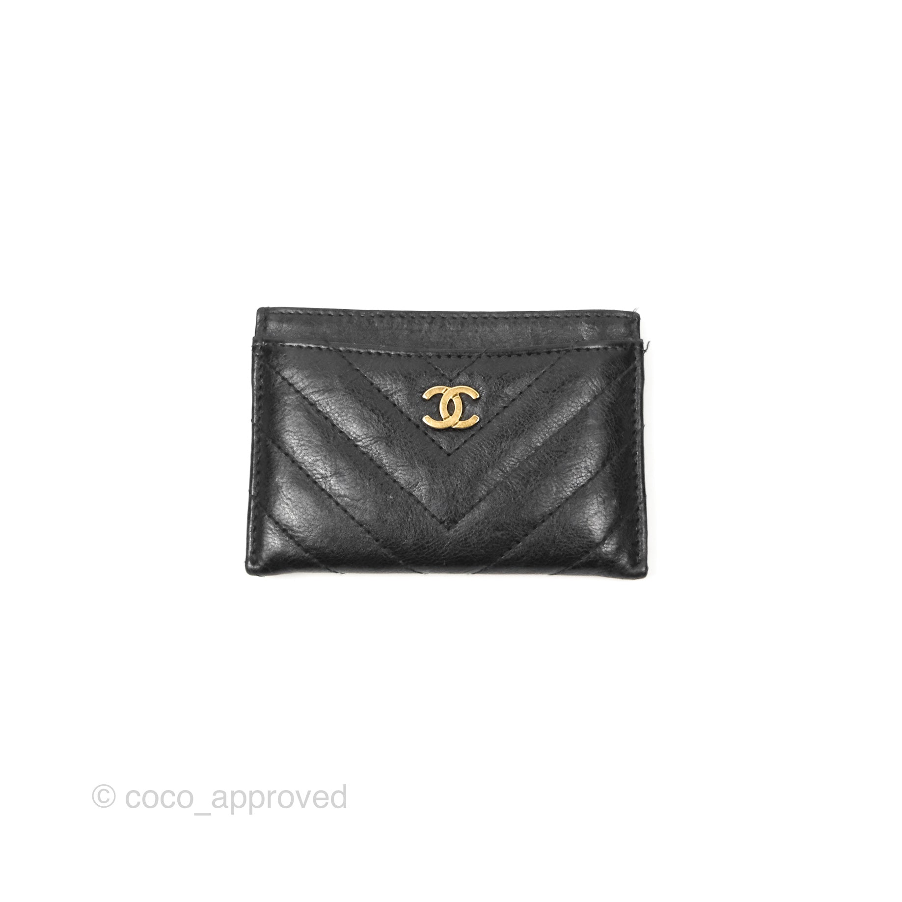 Chanel Classic Flat Card Holder Chevron Black Calfskin Gold Hardware - Luxury Wallet for Women | Perfect for Everyday Use, Travel & Gift Giving