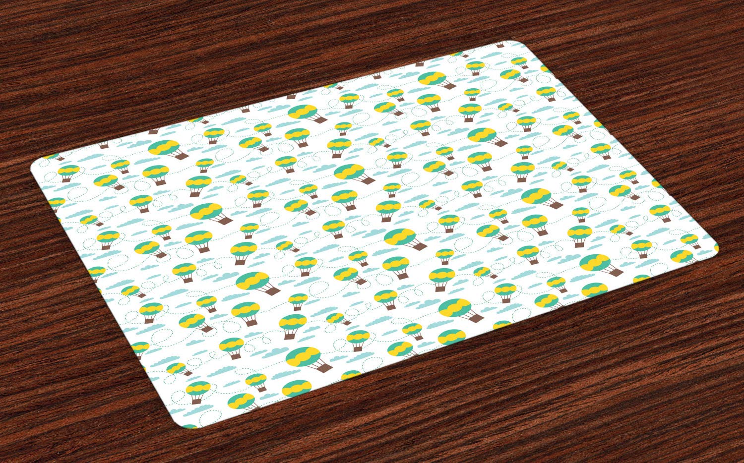 Ambesonne 4-Pack Balloon Place Mats - Cartoon Hot Air Balloons with Swirling Dashed Lines & Clouds Design - Washable Fabric Table Mats for Dining Room & Kitchen Decor - Multicolor - Perfect for Parties, Kids' Meals & Themed Dining Events