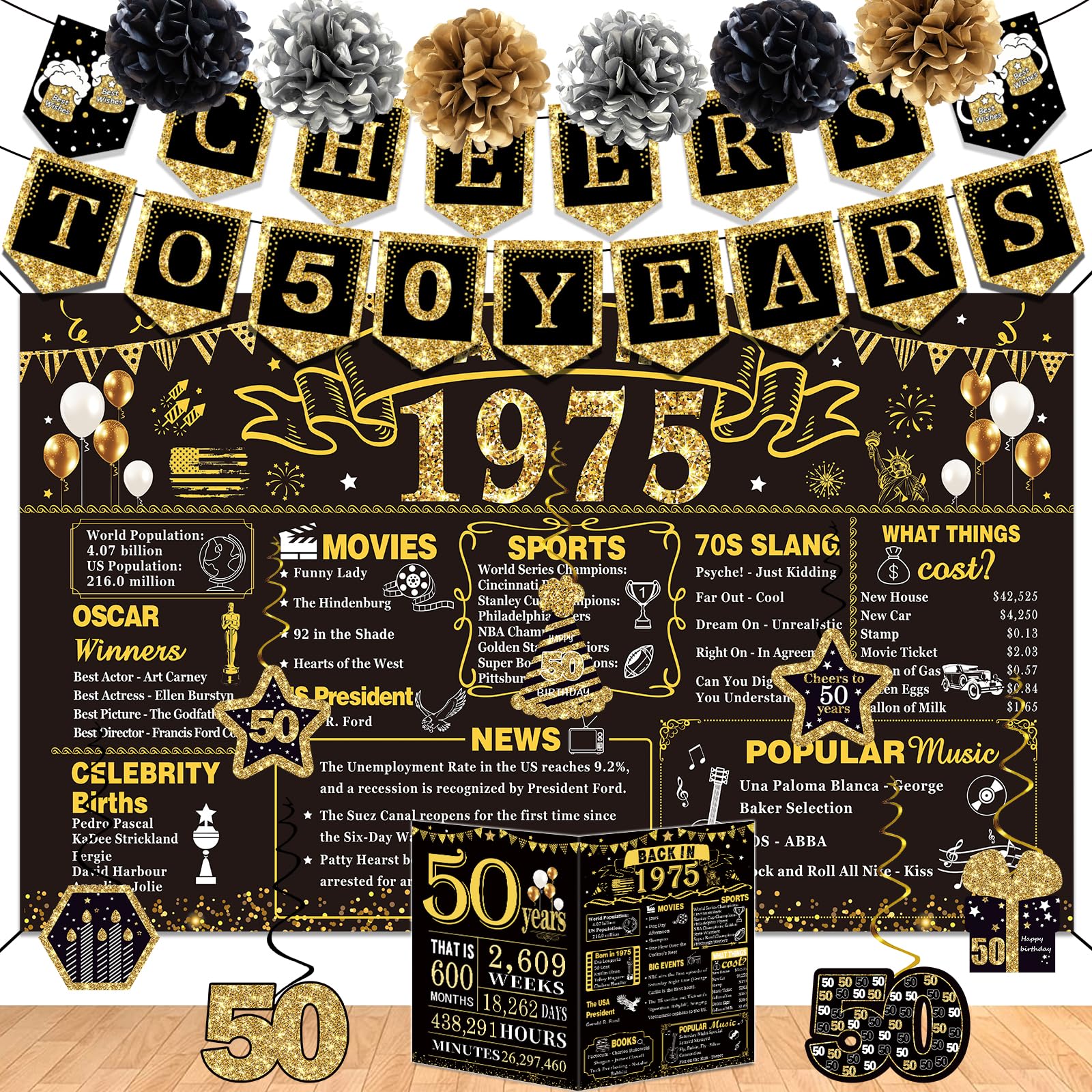 50th Birthday Party Decorations Set - 16PCS Vintage 1975 Theme Kit for Men & Women | Includes Backdrop, Cheers Banner, Hanging Swirls, Poster & Paper Poms | Perfect for Milestone Celebrations, Anniversary Parties & Retro-Themed Events