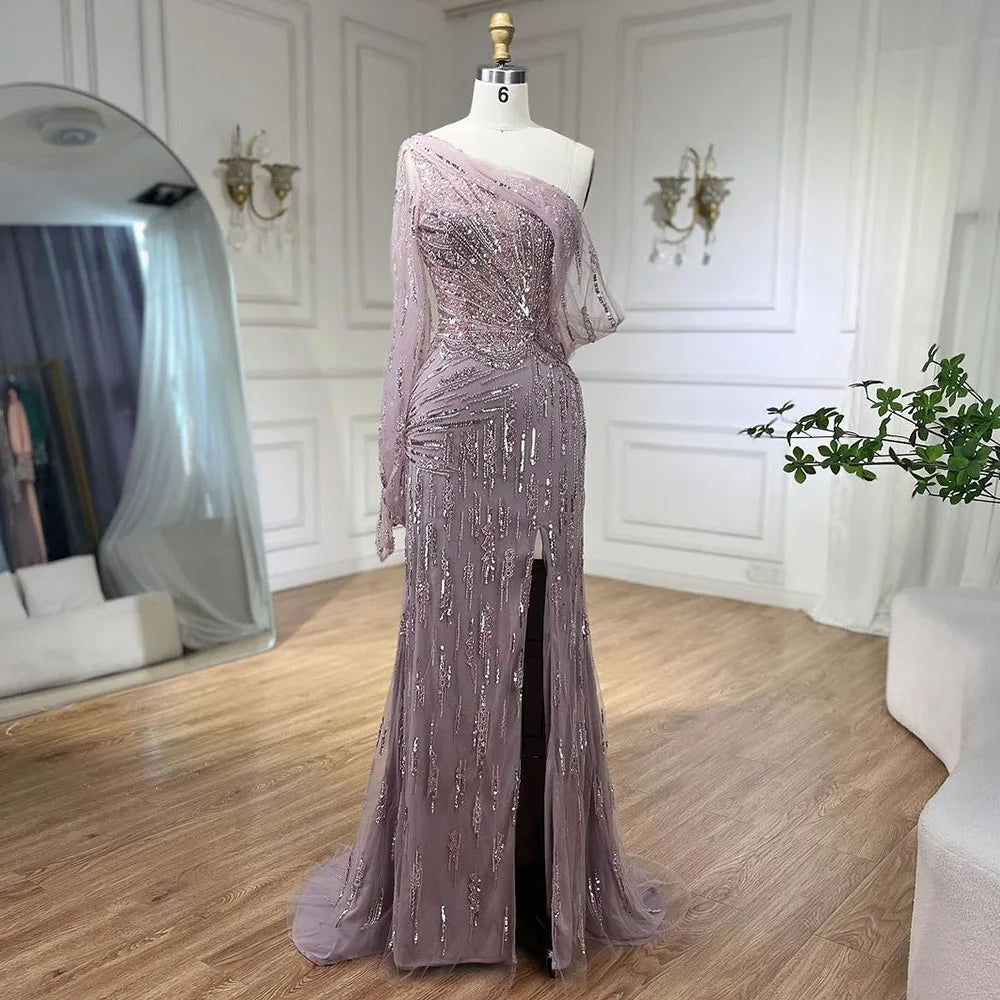 Elegant Luxury Beaded Turquoise Mermaid Evening Gown with High Split - Serene Hill Women's Party Dress LA71632 for Prom, Gala & Formal Events