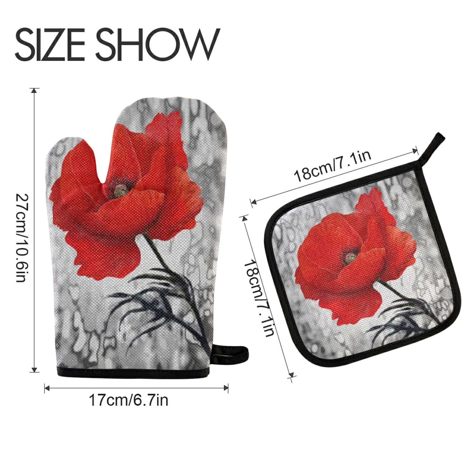 QUGRL Vintage Grey Oil Paintings Red Poppies Oven Mitts & Pot Holders Set - Heat Resistant Kitchen Gloves for Cooking, Baking, BBQ - Perfect for Handling Hot Pans, Bakeware & Cookware