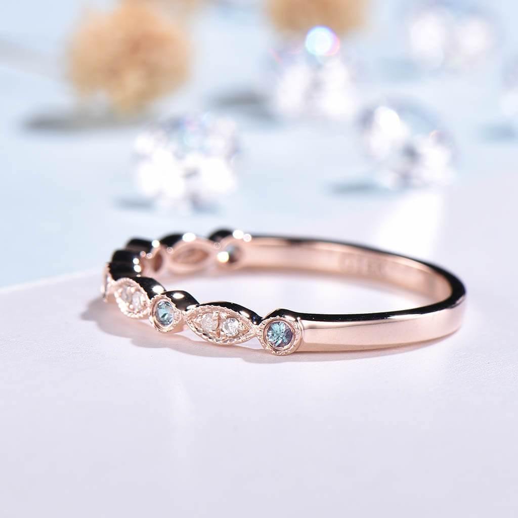 Luxe Tiara Half Eternity Alexandrite and Diamond Wedding Band Ring for Women - Perfect for Engagement, Anniversary, and Bridal Jewelry Gifts