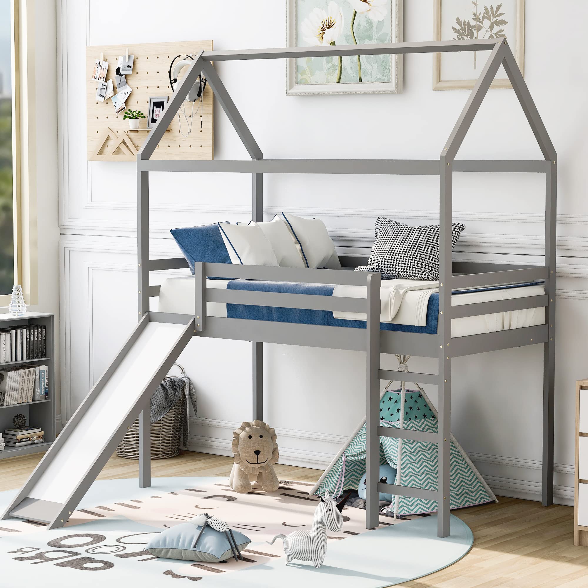 **Twin Size Wooden Tent Bed Frame with Roof & Slide - Kids Playhouse Loft Bed with Safety Fence, Nursery Furniture for Boys & Girls (Gray) - Perfect for Bedrooms, Playrooms & Montessori Learning Spaces**