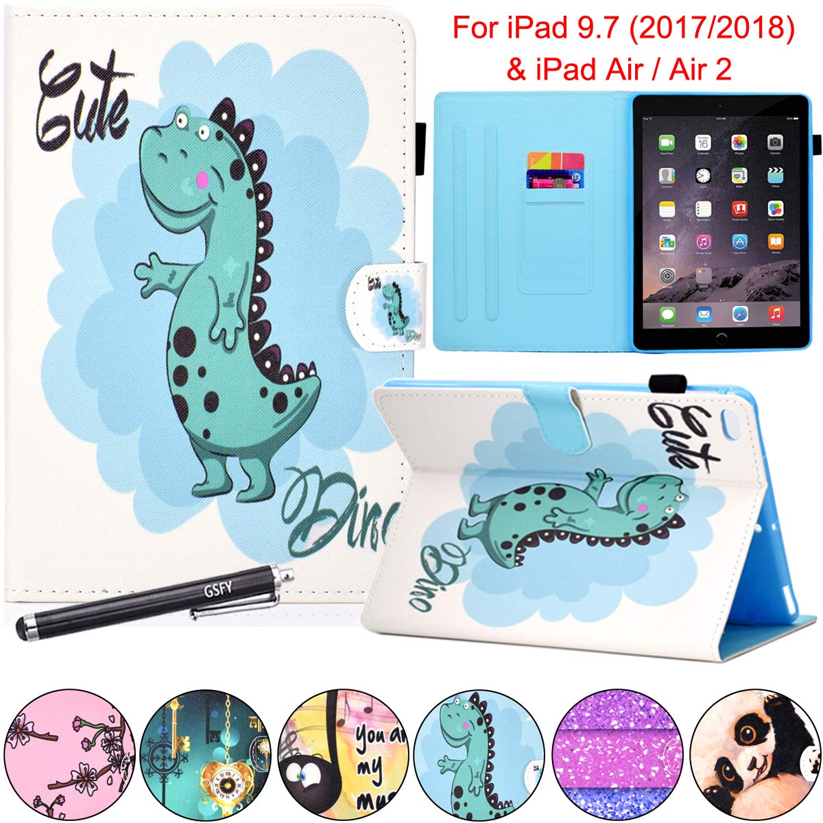 Premium Leather iPad 9.7 Inch Case with Auto Wake/Sleep & Pencil Holder - Compatible with iPad 6th/5th Gen, iPad Air 2/Air - Anti-Slip Wallet Stand Cover (Dinosaur Design) for Work, School & Travel