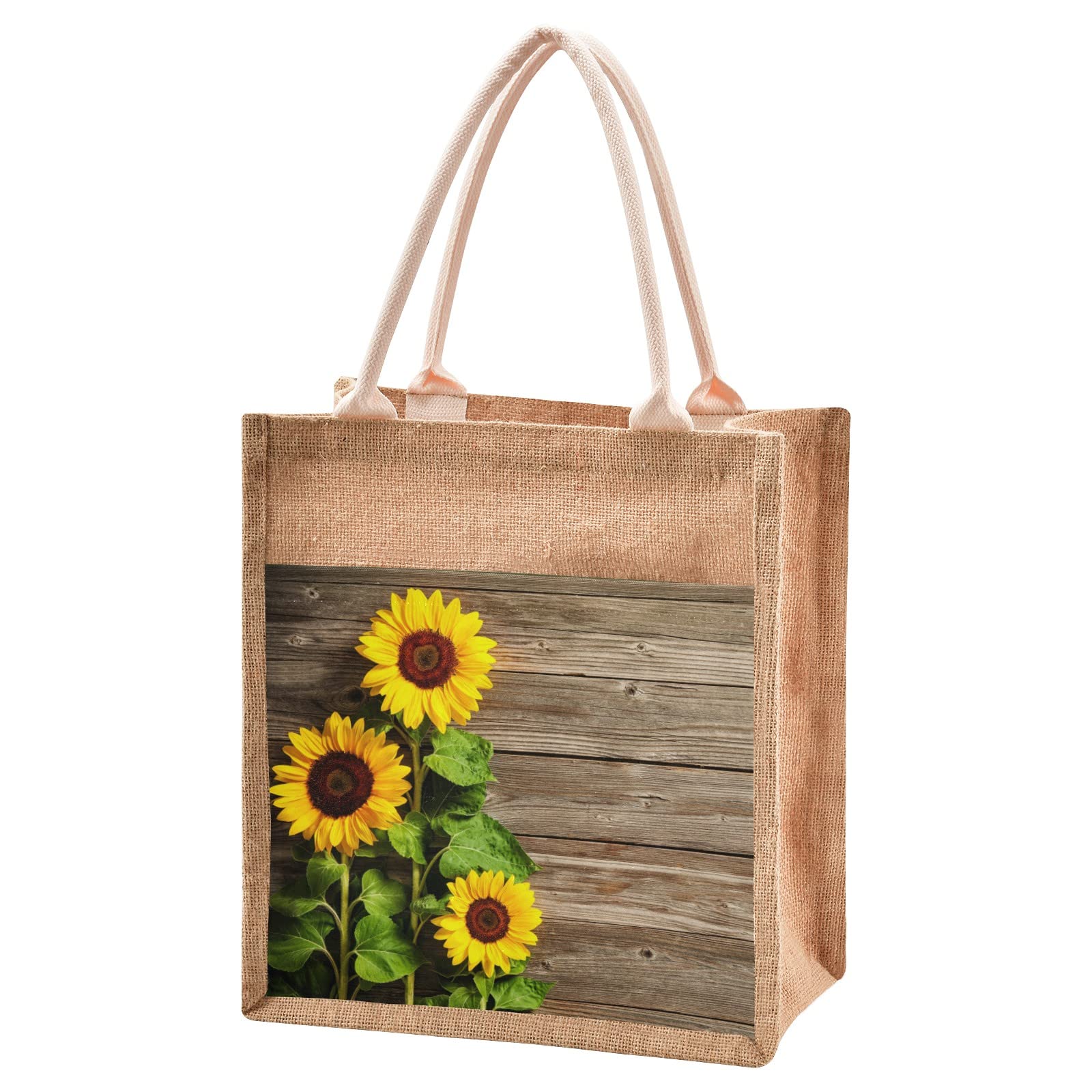CaTaKu Eco-Friendly Sunflower Print Jute Tote Bag with Zipper Closure & Canvas Pocket - 13x14 Inch Reusable Grocery Shopping Bag for Women, Beach, Travel & Farmers Market
