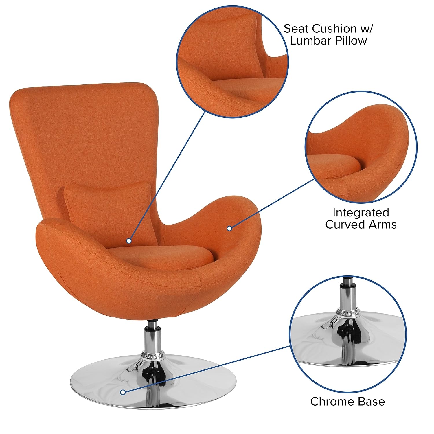 Flash Furniture Egg Series Orange Fabric Side Reception Chair - Modern Office Chair for Waiting Room, Lobby, and Reception Area - Comfortable & Stylish Seating Solution