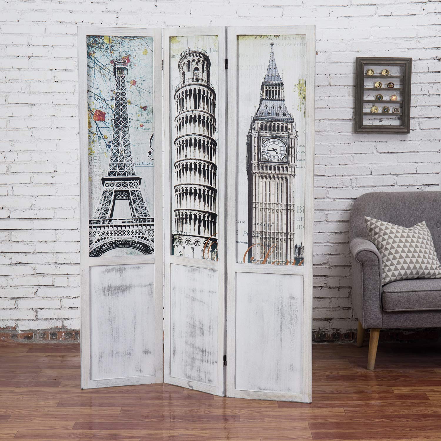 MyGift 3-Panel Single-Sided European Famous Landmarks Room Divider with Whitewashed Wood Frame - Stylish Room Partition for Home, Office, and Dorm Decor