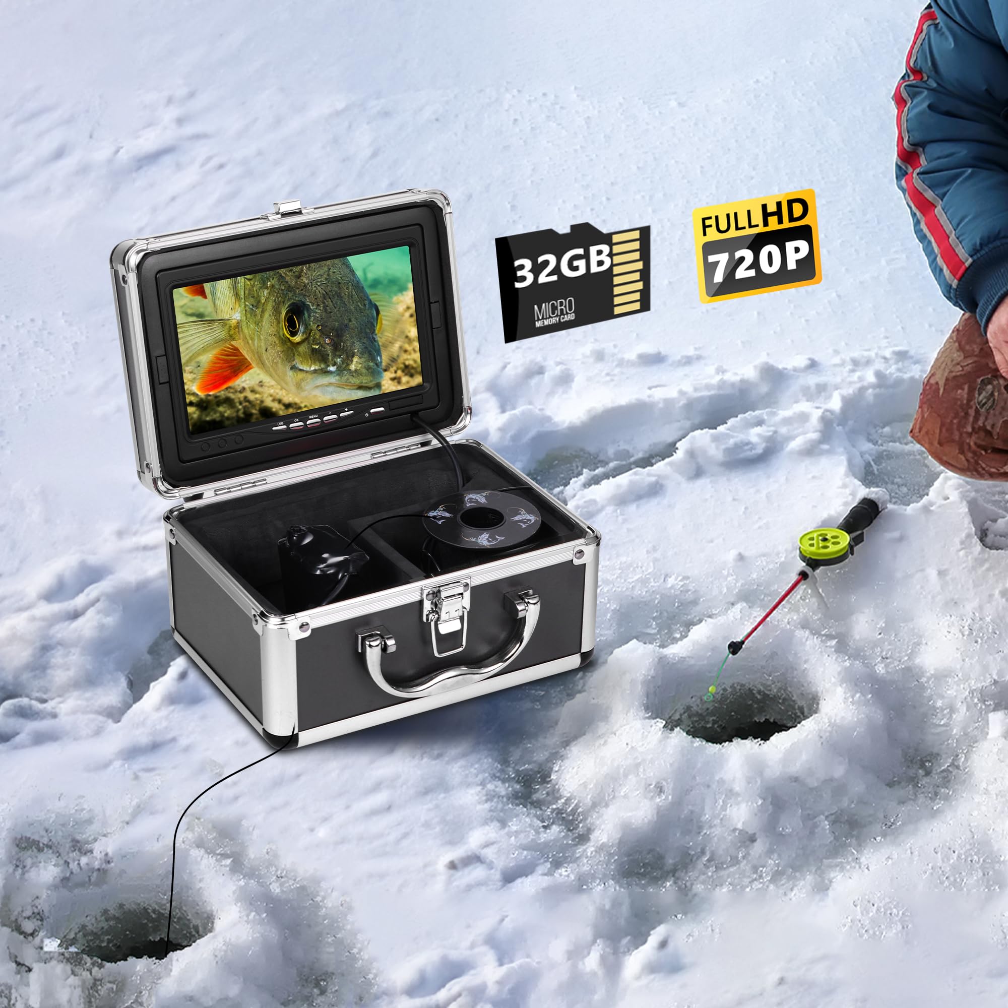 Underwater Fishing Camera HD 720P with DVR & 32GB Card - 7'' Ice Fishing Monitor, Fish Finder with 12 IR & 12 LED Lights, 4500mAh Battery, 50ft Cable - Perfect for Ice Fishing, Underwater Exploration & Marine Observation - Great Gift for Anglers & Outdoor Enthusiasts