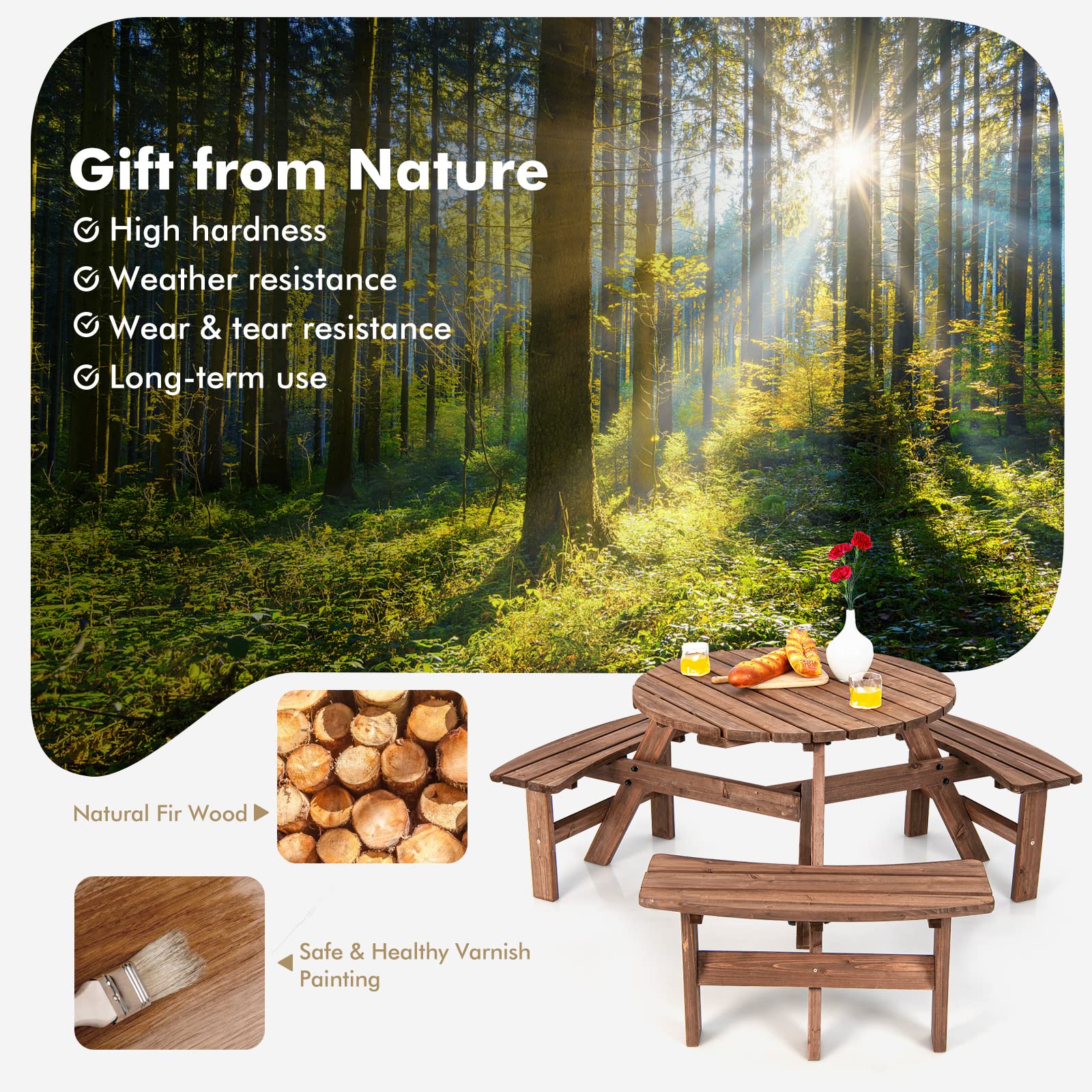 Tangkula 6-Person Outdoor Wooden Picnic Table Set with 3 Built-in Benches & Umbrella Hole - 500lbs Capacity per Bench - Perfect for Garden, Backyard, Patio, Park, and Camping