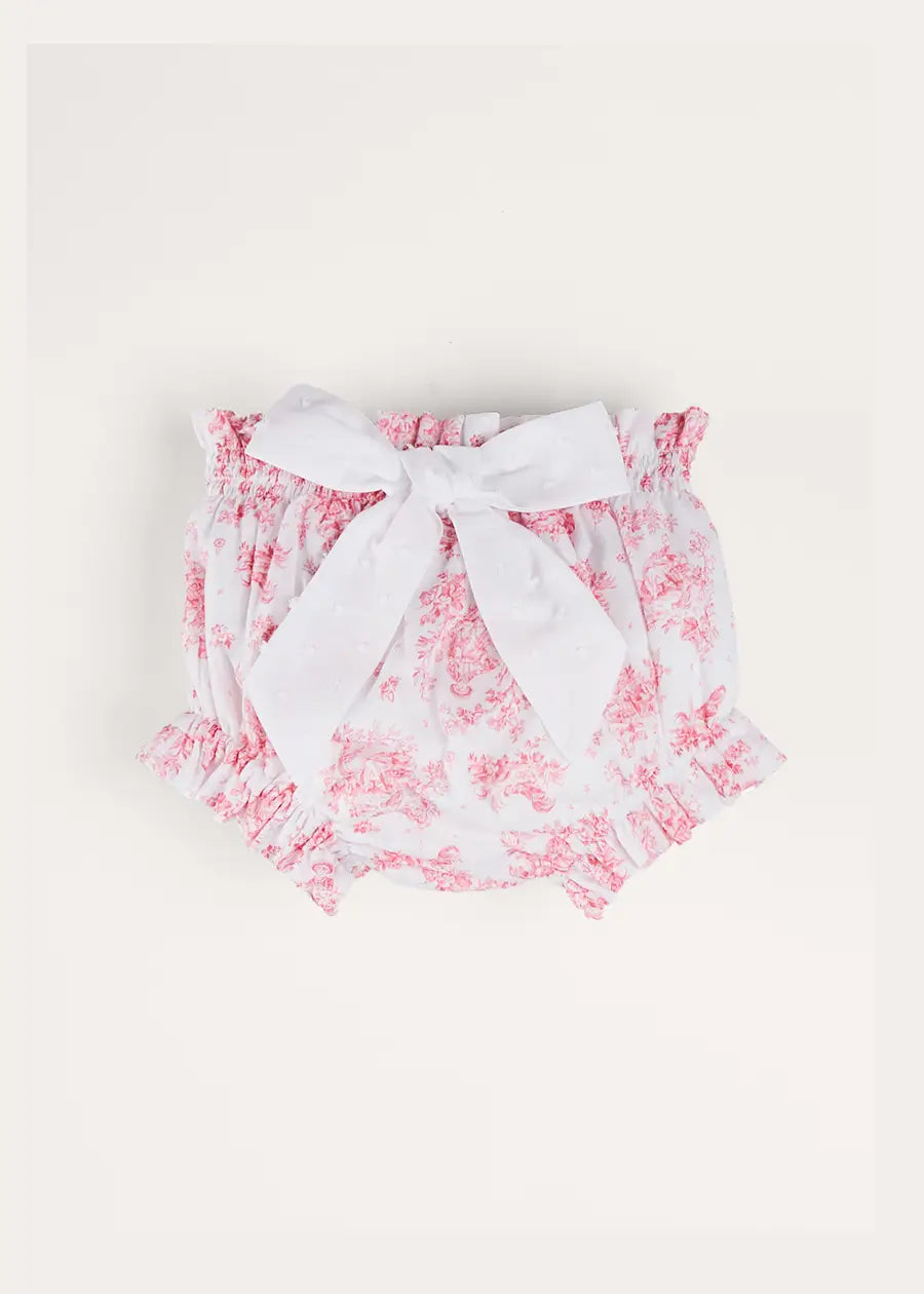 Audrey Toile Bow Detail Bloomers for Baby Girls 1-24 Months - Soft Pink Cotton Bloomers for Nursery, Photoshoots & Special Occasions
