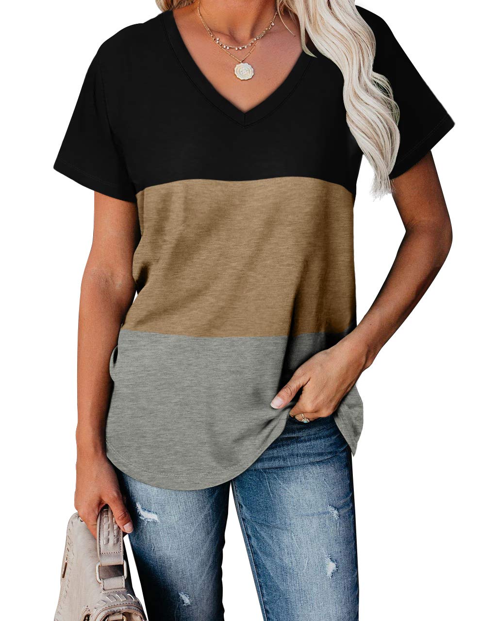 WEESO Women's V-Neck Color Block T-Shirt - Summer Short Sleeve Casual Top for Everyday Wear, Outfits, and Street Style Fashion