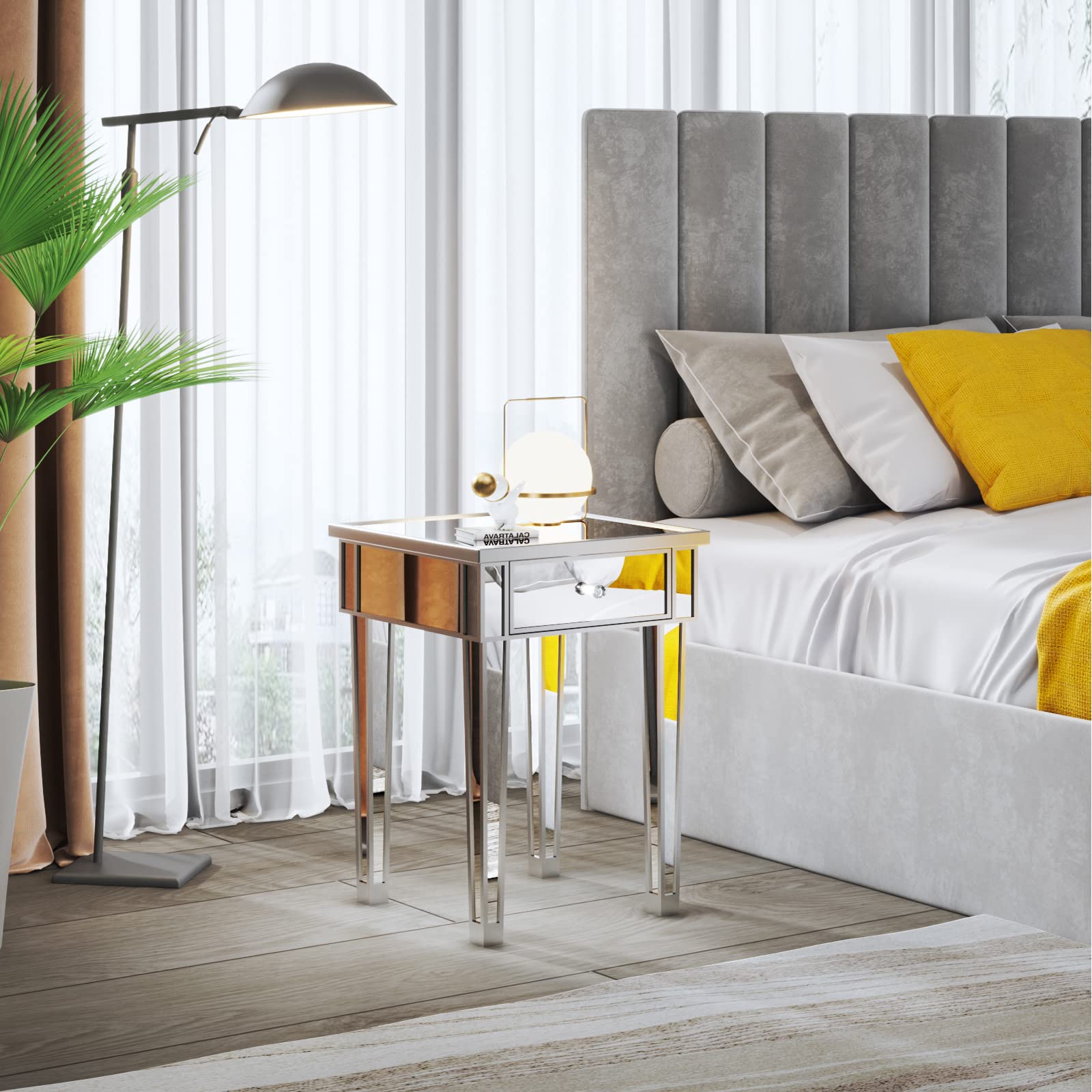 Modern Silver Mirrored Nightstand with Drawer - Small Bedside End Table for Bedroom & Living Room - Perfect for Compact Spaces, Guest Rooms and Apartment Decor