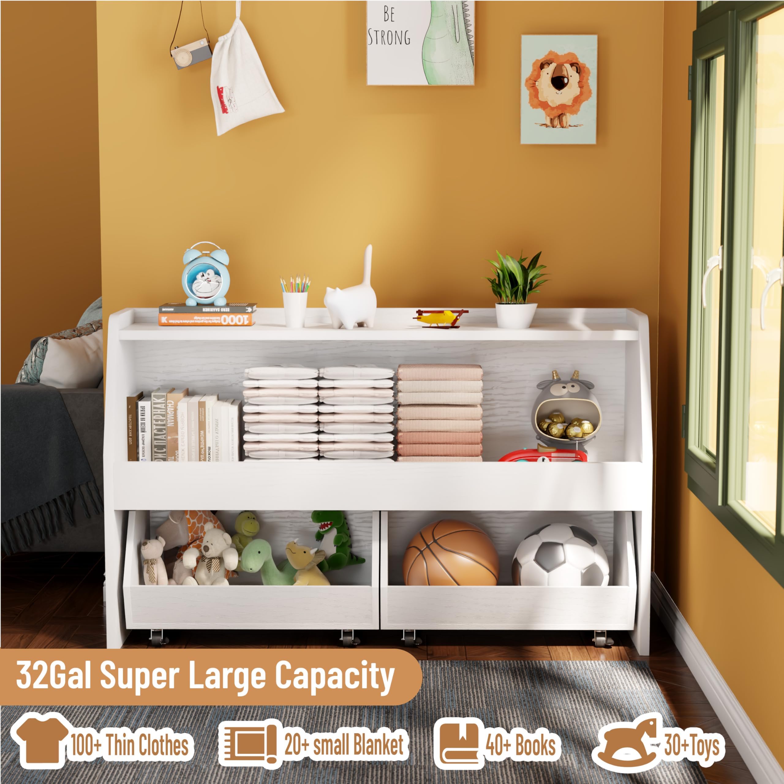 COZPAW 2-Tier Toy Storage Organizer with Movable Drawers - Kids Bookshelf & Toy Cabinet for Nursery, Bedroom, Living Room - Natural White | Perfect for Organizing Toys, Books & Kids' Room Essentials