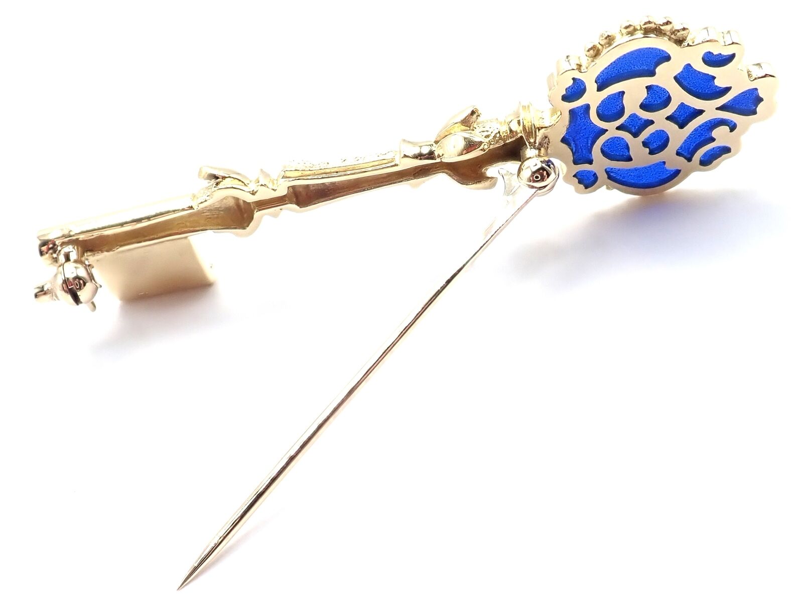 Authentic Vintage Mikimoto 18k Yellow Gold Blue Enamel Key Brooch Pin - Elegant Jewelry Gift for Women, Perfect for Weddings, Parties & Special Occasions