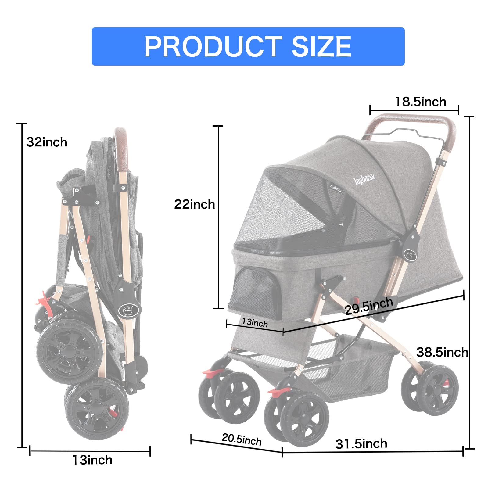 Pet Stroller for Small & Medium Dogs & Cats - 4-Wheel Carrier with Weather Cover & Storage Basket (Gray) - Perfect for Walks, Vet Visits & Outdoor Adventures