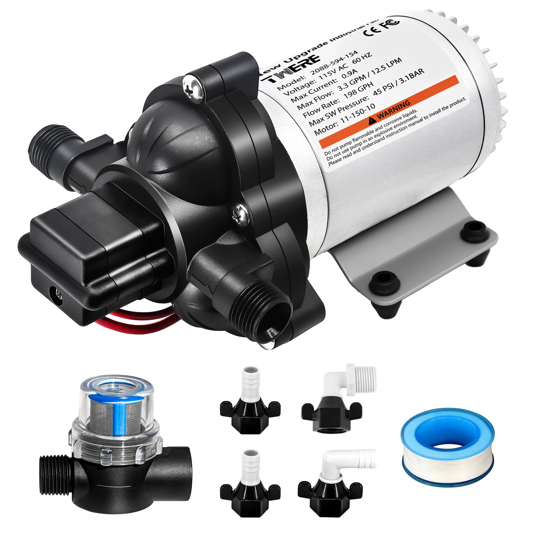 2088-594-154 Industrial Water Pump 198GPH, 115V AC, 1/2in, 45PSI 3.3GPM Portable Electric Utility Pump for Beverage, Water Transfer, Irrigation & Industrial Applications - Perfect for Home, Farm, and Commercial Use
