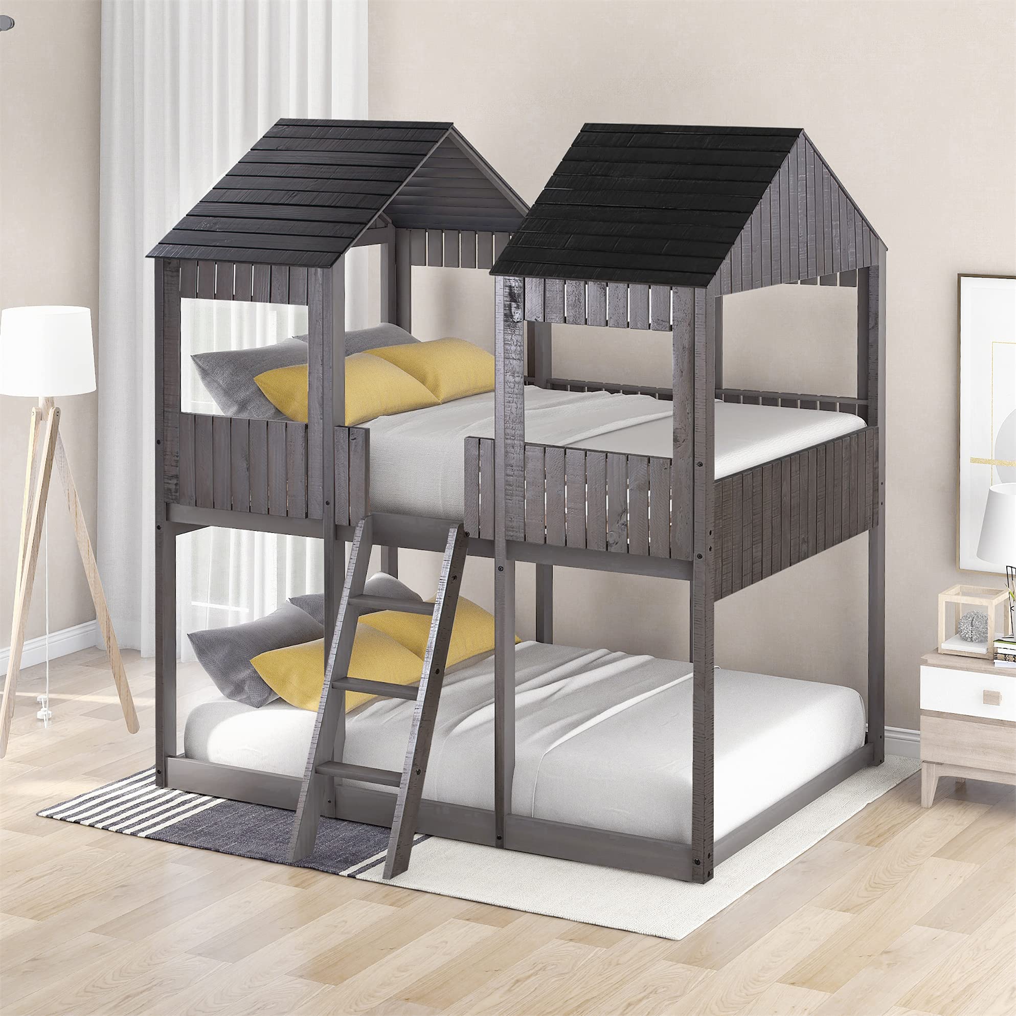 MERITLINE Full Over Full House Bunk Bed for Kids - Wooden Twin Size Loft Bed with Roof & Window - No Box Spring Needed - Antique Gray - Perfect for Toddlers, Teens, Boys & Girls Bedrooms, Playrooms & Sleepovers