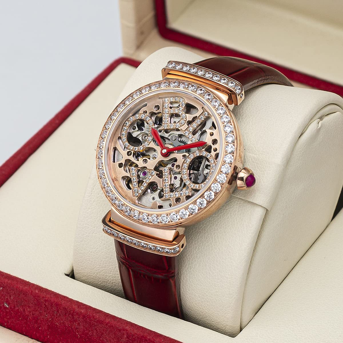 Luxury Women's Rose Gold Automatic Watch with Skeleton Dial - Genuine Leather Strap - Elegant Dress Watch for Business, Party & Special Occasions