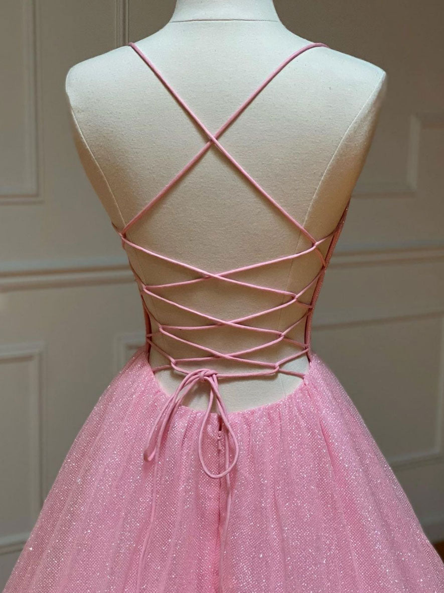 Elegant Pink V-Neck Long Prom Dress with Sequin & Tulle Details - A-Line Evening Gown for Homecoming, Formal Dances & Special Occasions