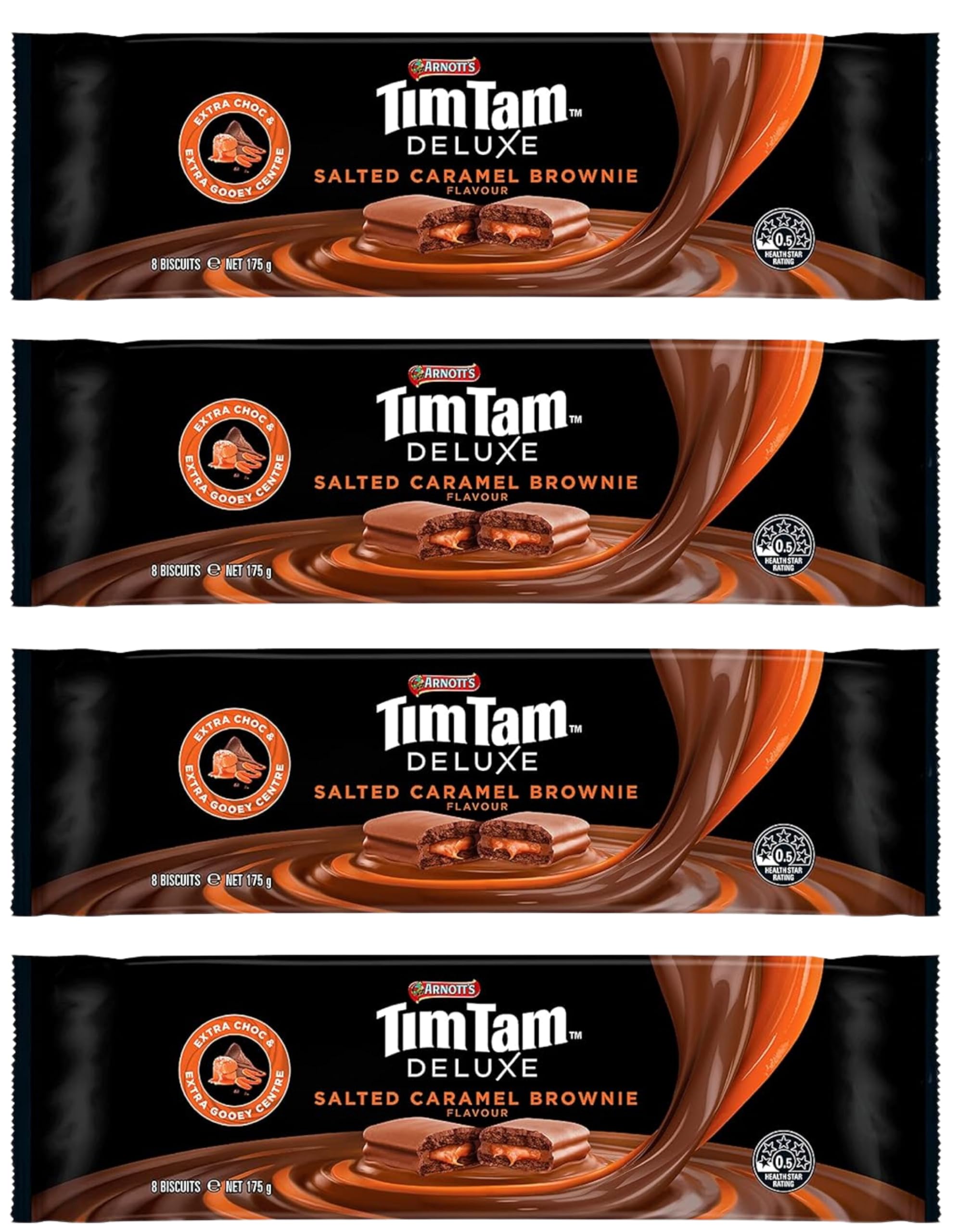 Arnott's Tim Tam DELUXE Salted Caramel Brownie Cookies - 4 Pack (175g Each) with Rich Milk Chocolate Coating | Perfect for Coffee Pairing, Gift Giving & Dessert Lovers