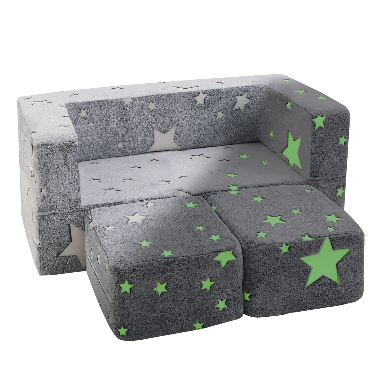 MeMoreCool Kids Couch - 3 in 1 Foldable Toddler Sofa with Glow in The Dark Stars, Convertible Plush Play Sofa & Bed for Boys & Girls, Modular Children's Furniture for Playroom, Nursery & Living Room