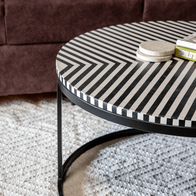 Handmade Black & White Inlay Round Coffee Table - Elegant Center Table for Living Room, Lounge & Office Decor