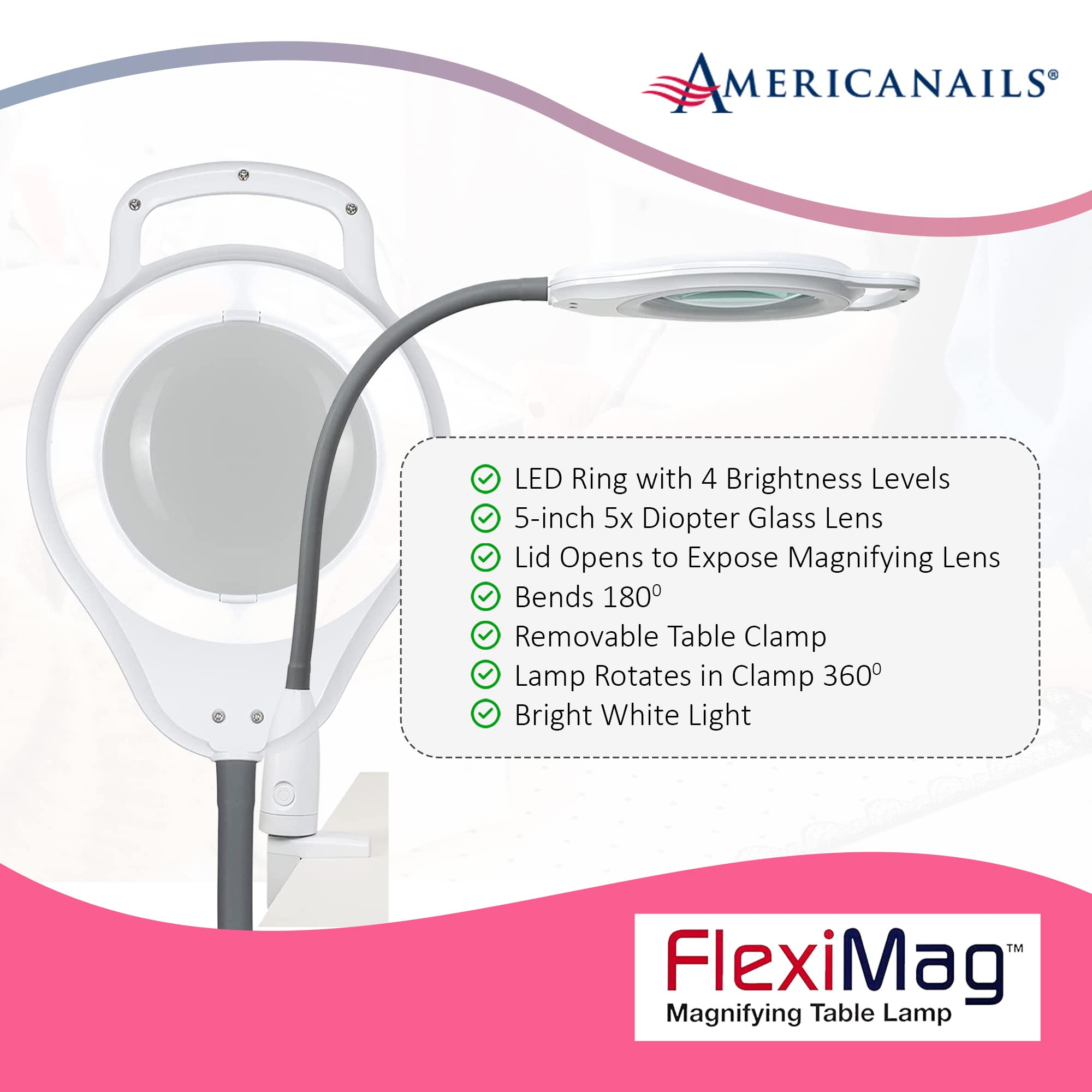 FlexiMag Magnifying Table Lamp with LED Light - Adjustable Magnifying Glass & Bright LED Desk Lamp for Nail Art, Crafts, Jewelry Making - Perfect for Estheticians, Hobbyists & Detailed Work