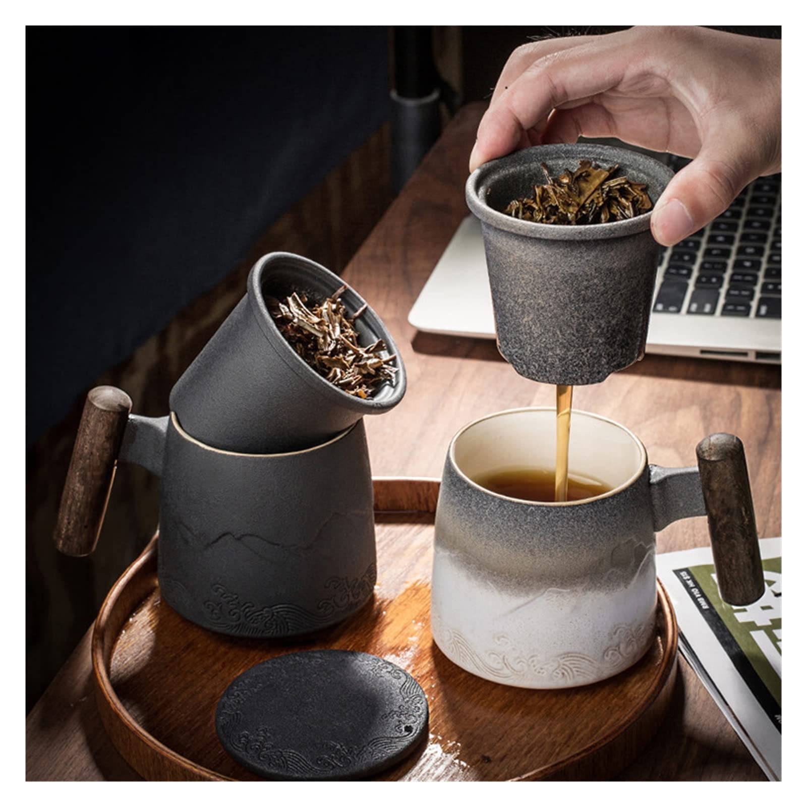 Premium 310ml Ceramic Tea Mug with Infuser & Lid - Elegant Black & Blue Tea Cup Set - Perfect Gift for Tea Lovers - Ideal for Home, Office & Relaxation